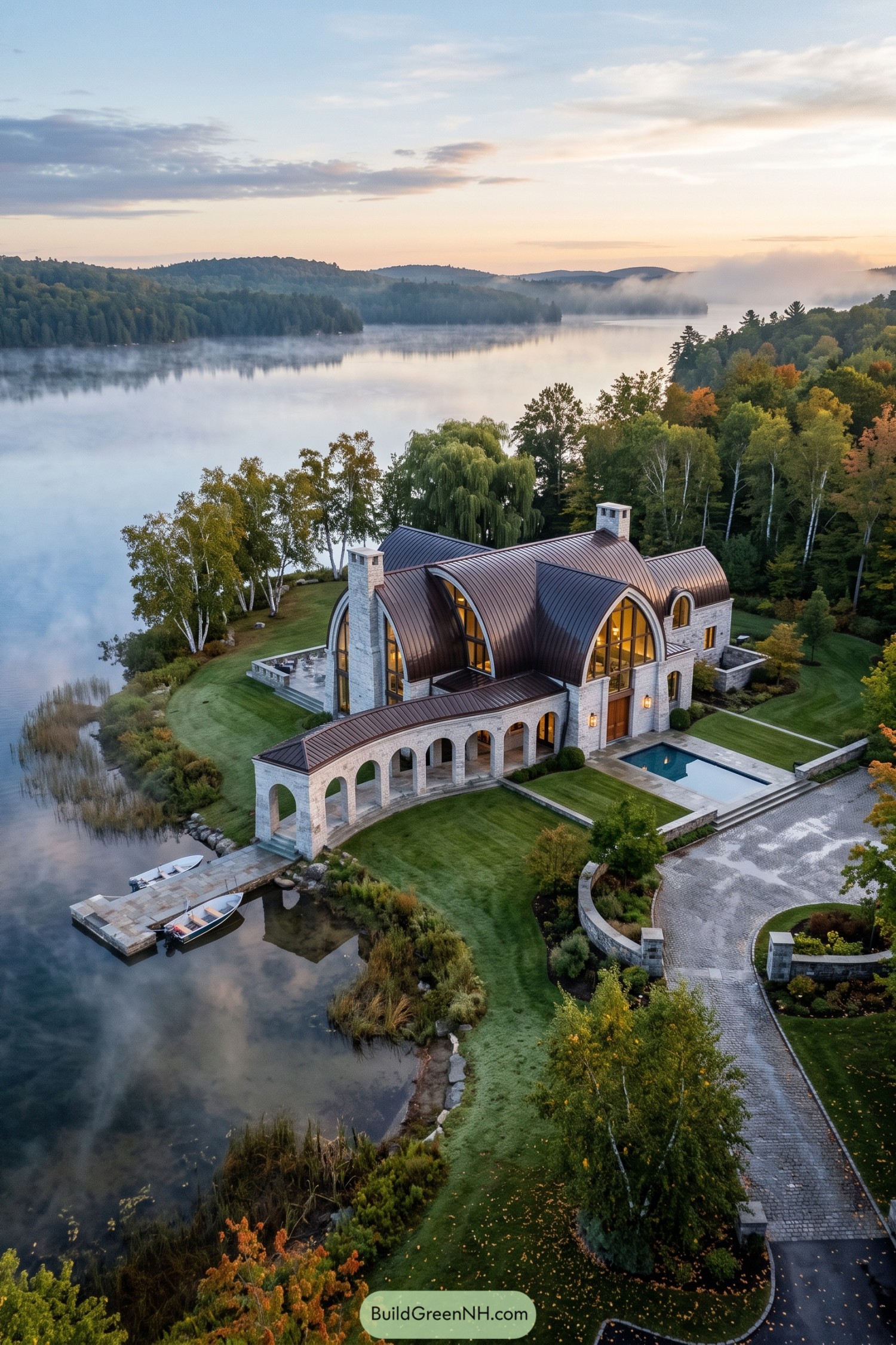 Stone arch villa with curved metal roofs beside a misty lake