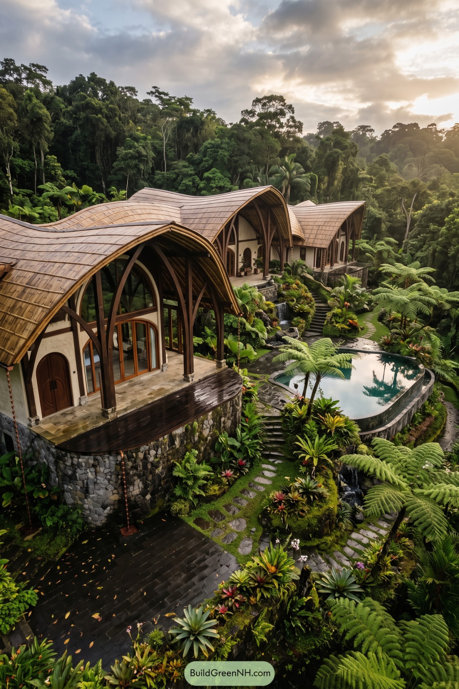 Bamboo arched estate beside a rainforest pool