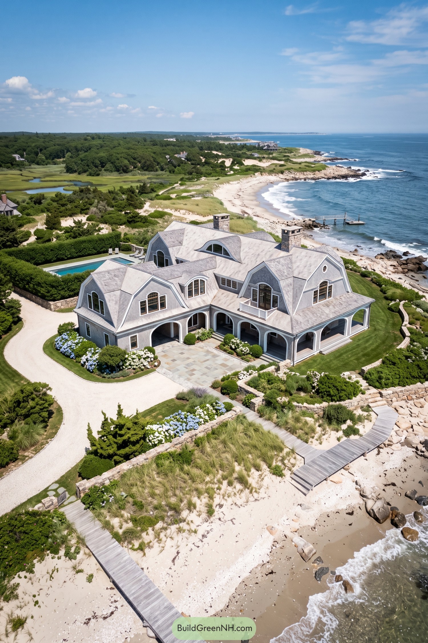 Coastal shingle house with arched porches beside a sandy beach