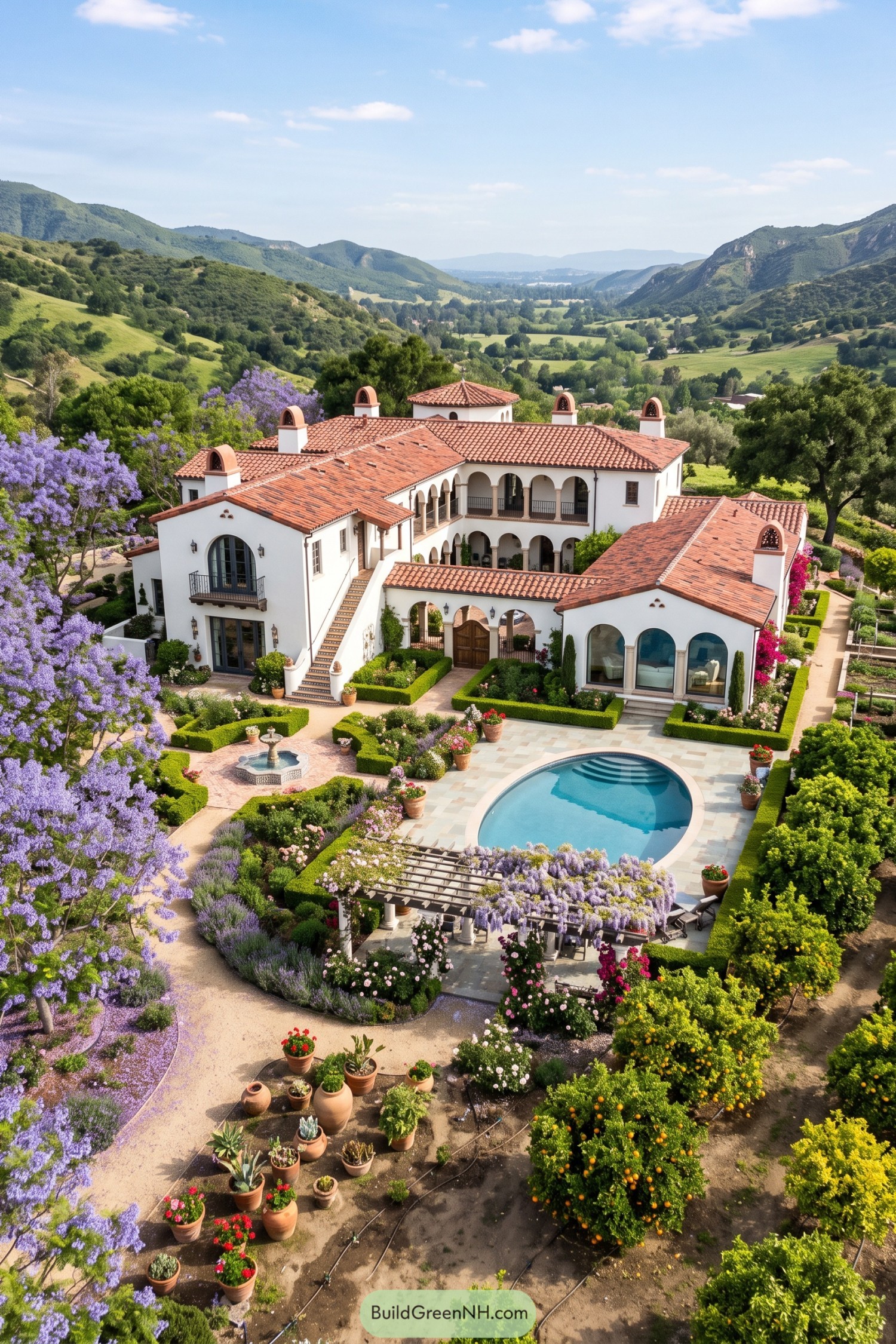 White stucco hacienda with arches pool and gardens