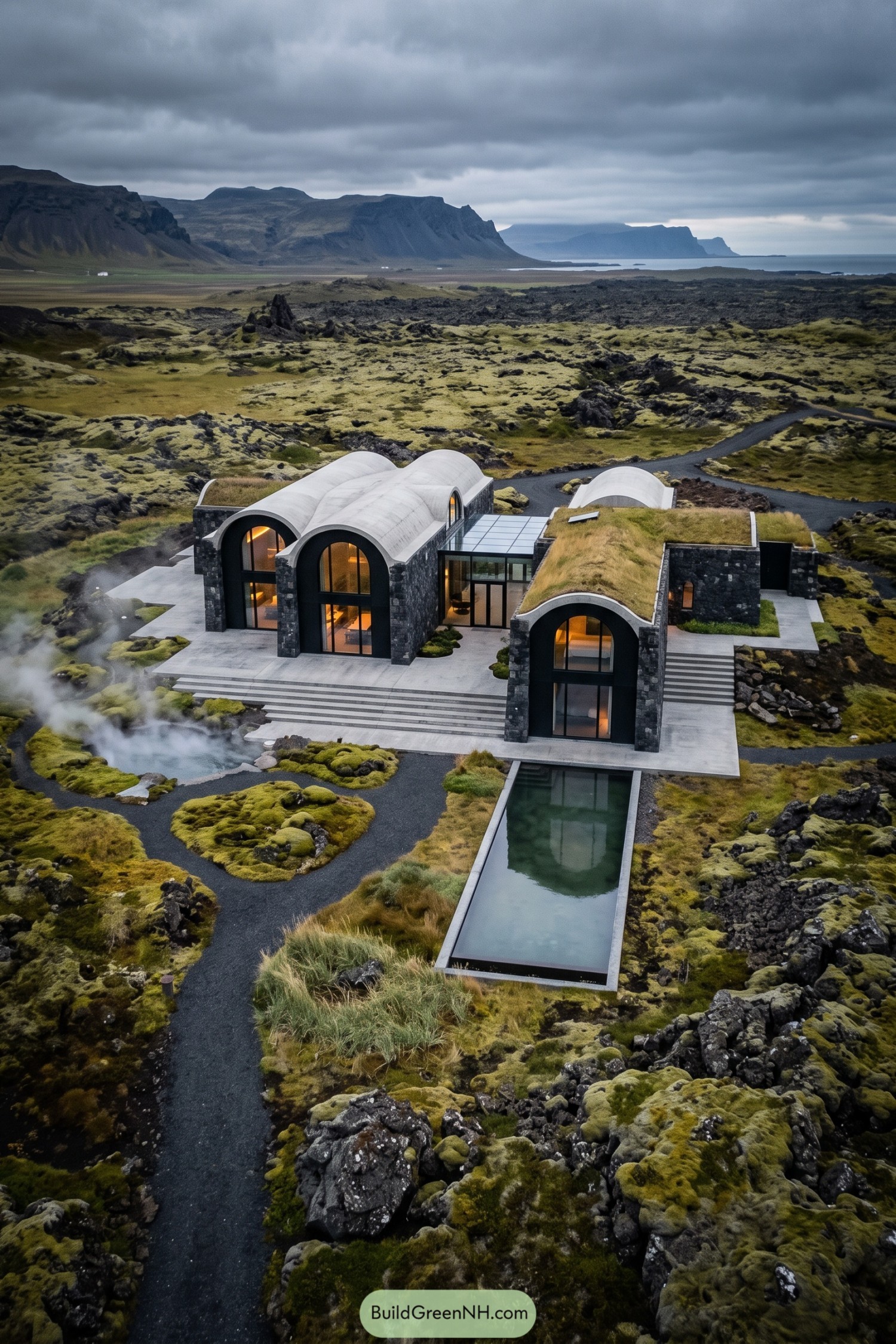 Stone arched residence with turf roofs on a volcanic plain
