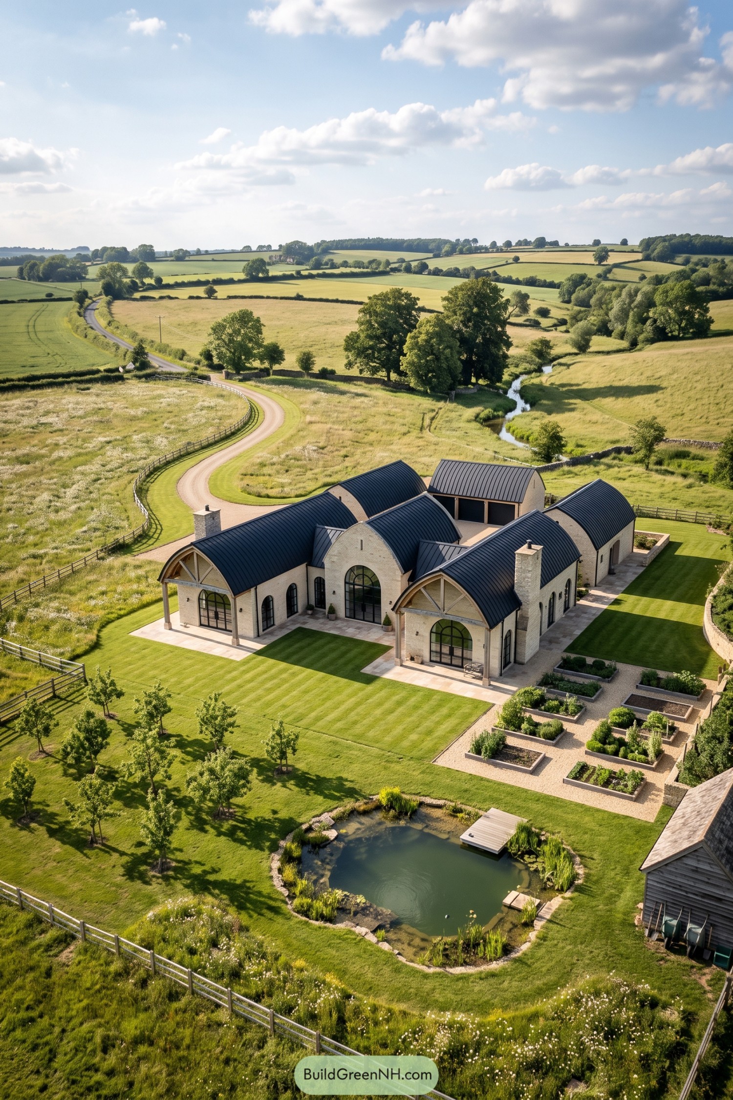 A pale brick arched estate with dark metal roofs in green farmland