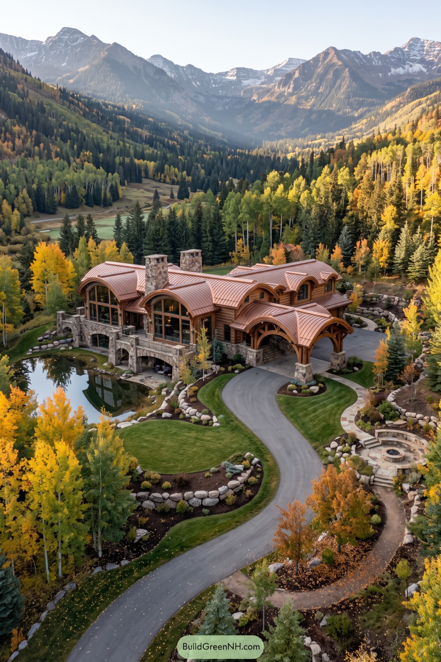 Mountain lodge with curved copper roofs and stone chimneys