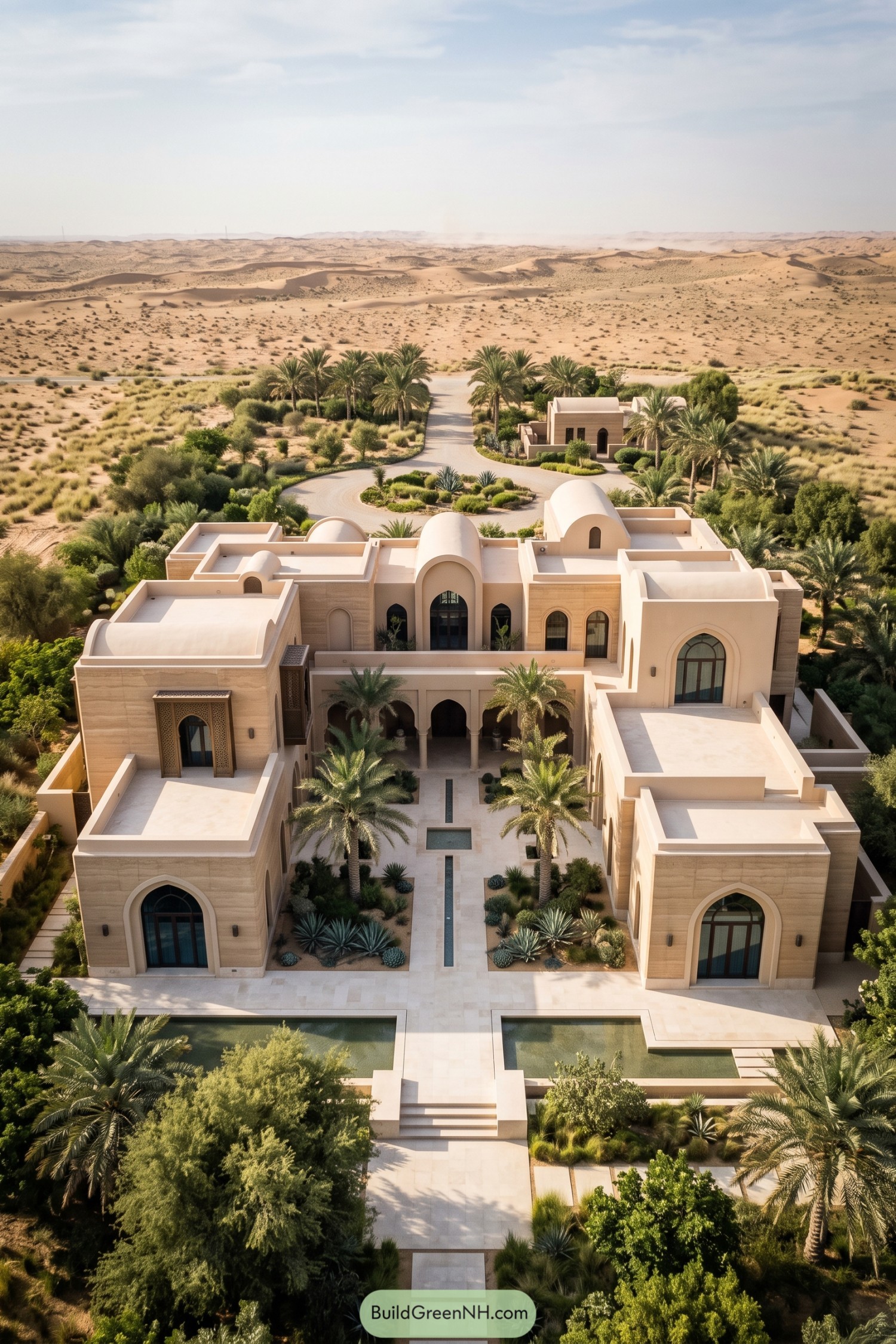 Sandstone arched villa with palm courtyard and pools