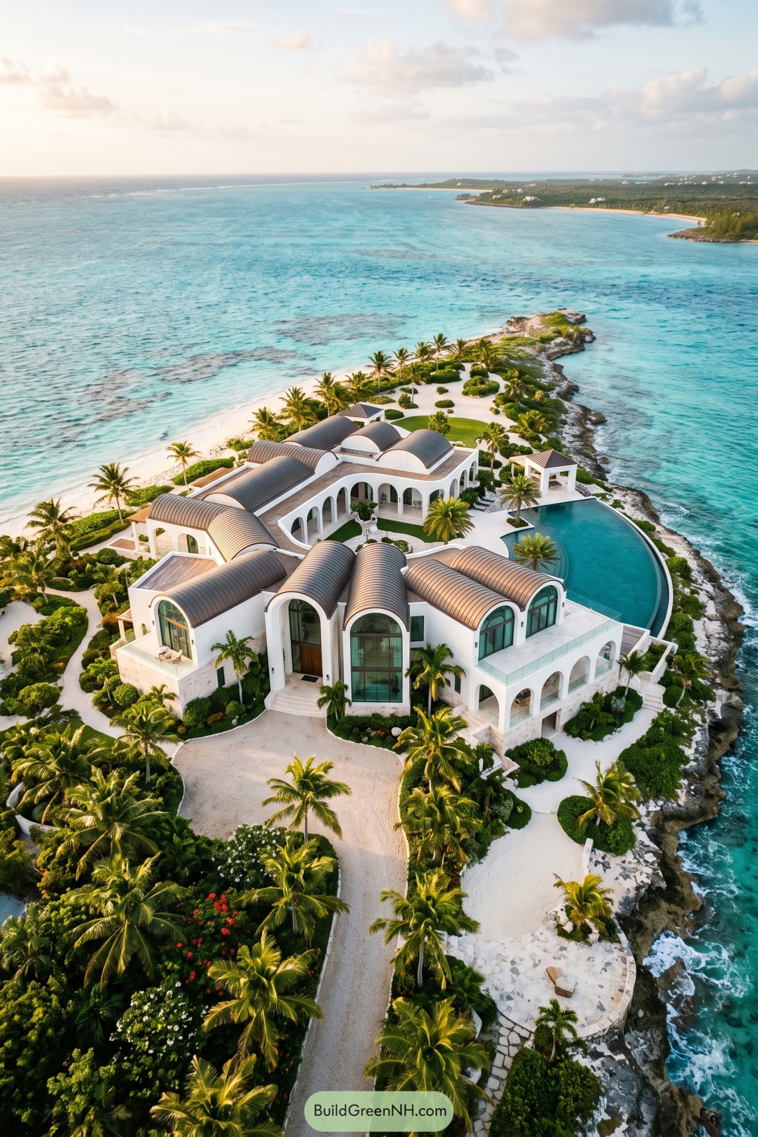 White arched coastal villa with curved roofs and an oceanfront pool