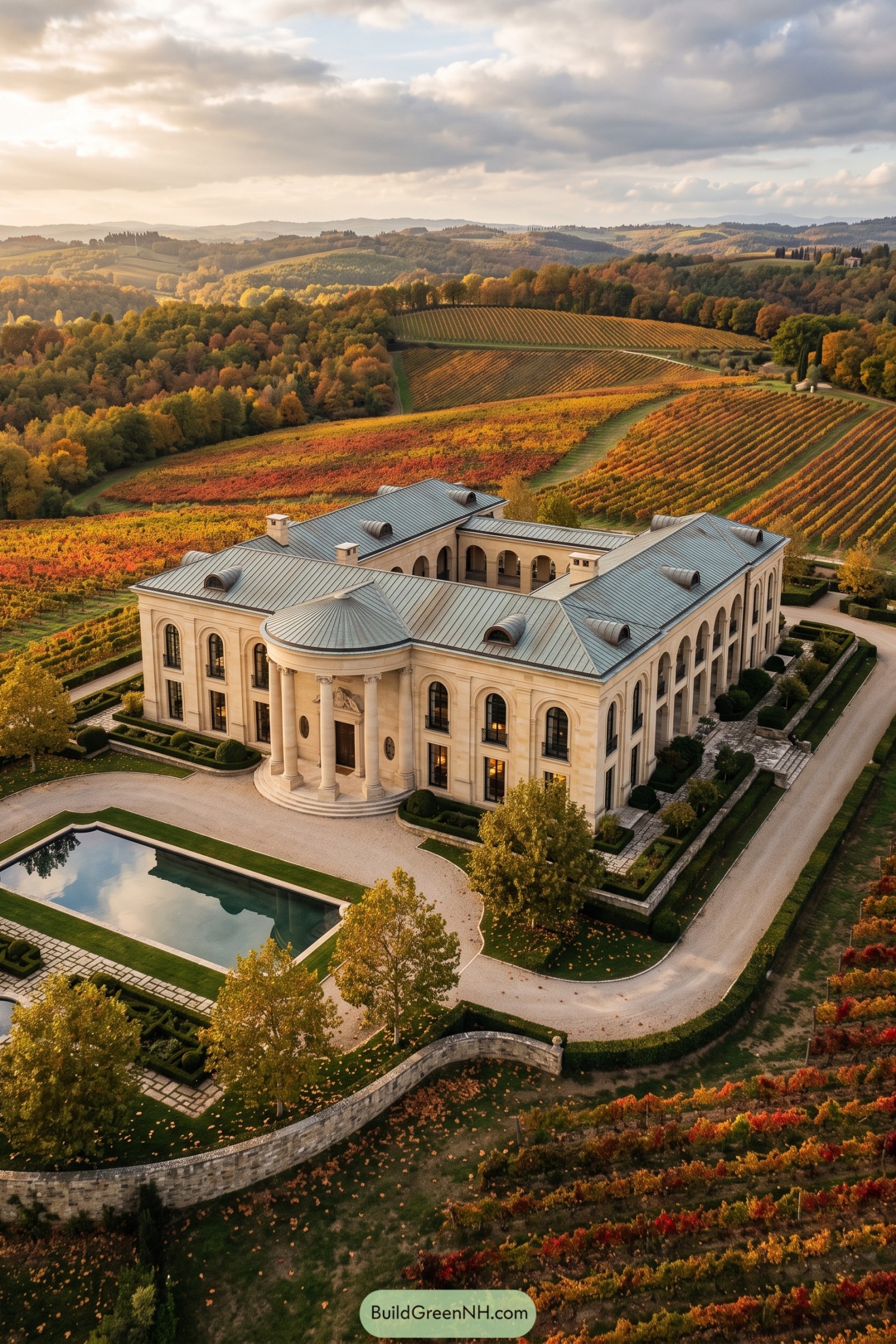 Palladian villa with arched colonnades overlooking vineyards