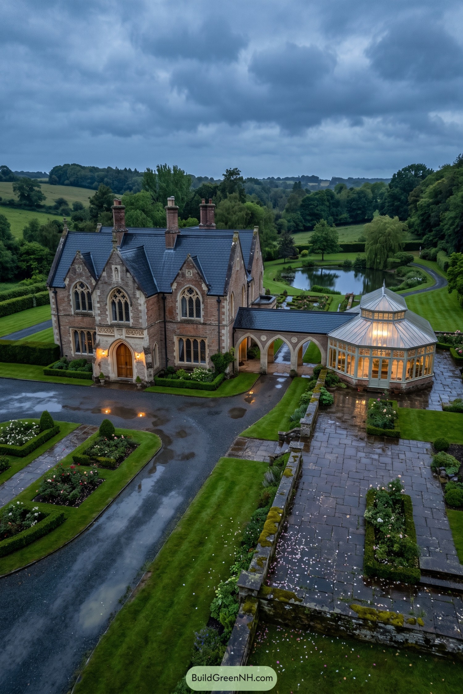 Gothic brick manor with glazed orangery beside a pond