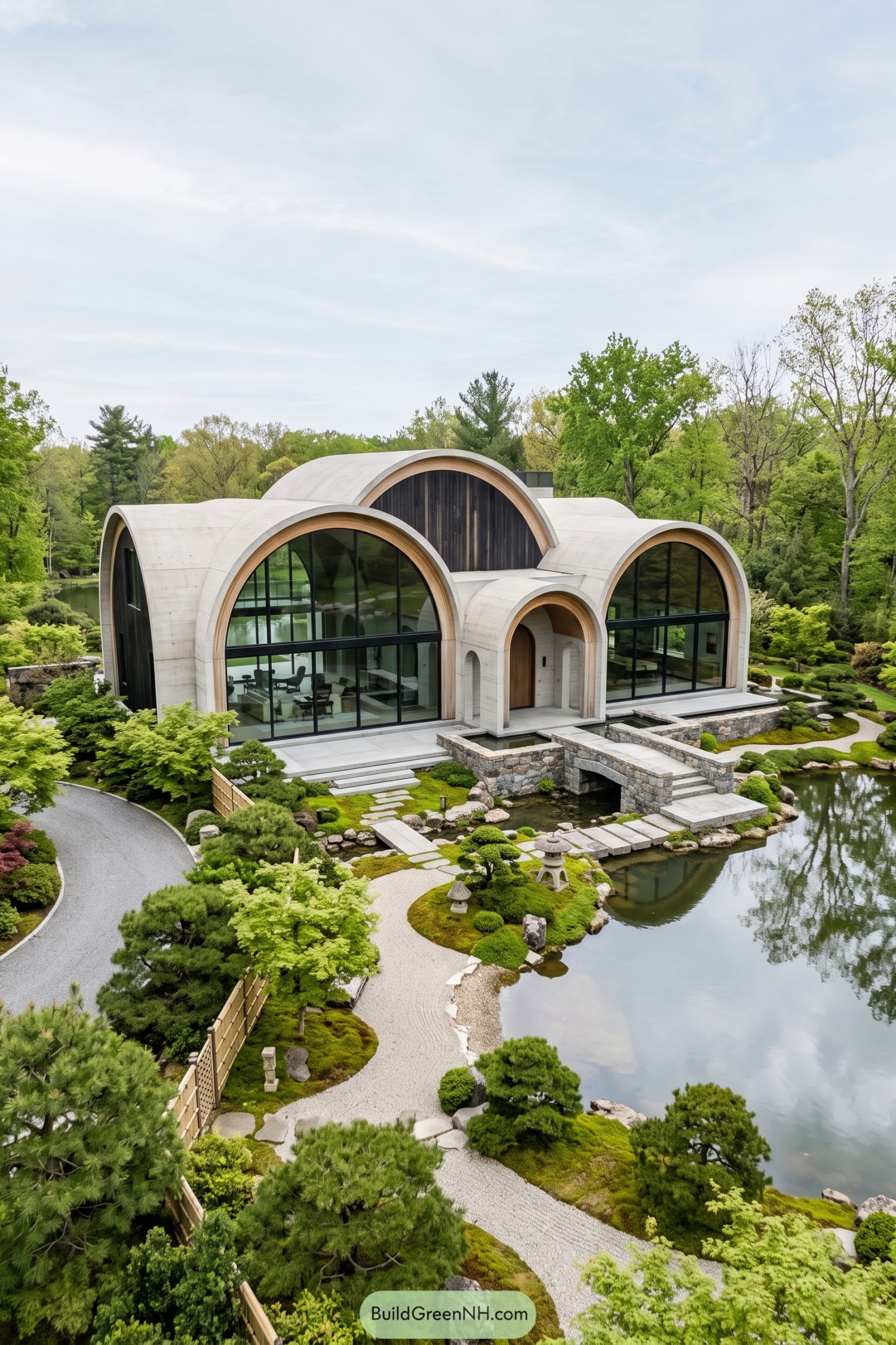 Arched modern home beside a Japanese garden pond