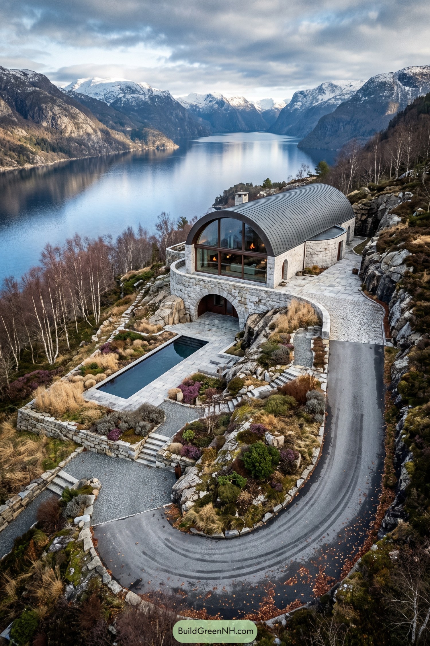 Stone and steel arched retreat above a fjord