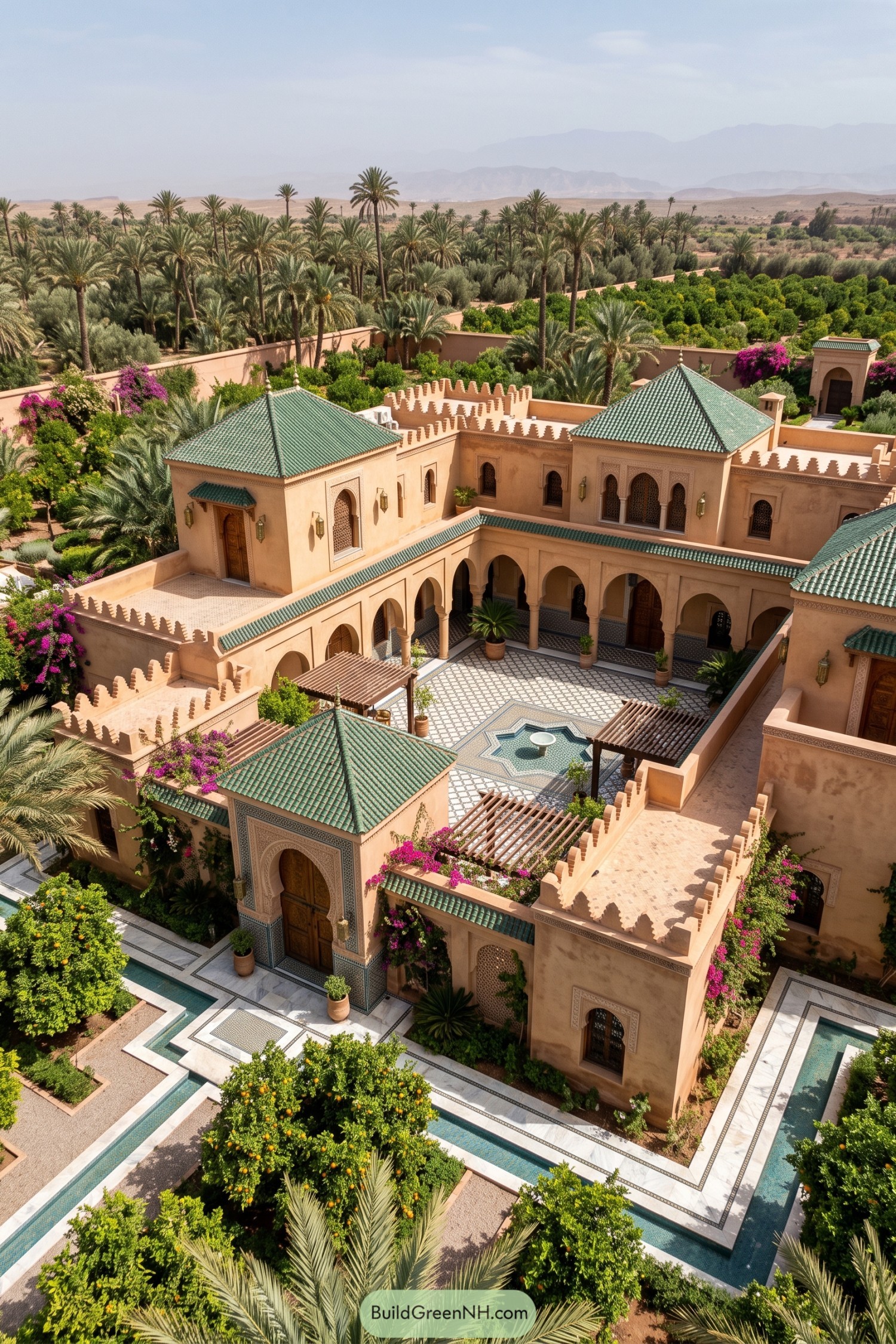 Moorish estate with tiled roofs and central fountain courtyard
