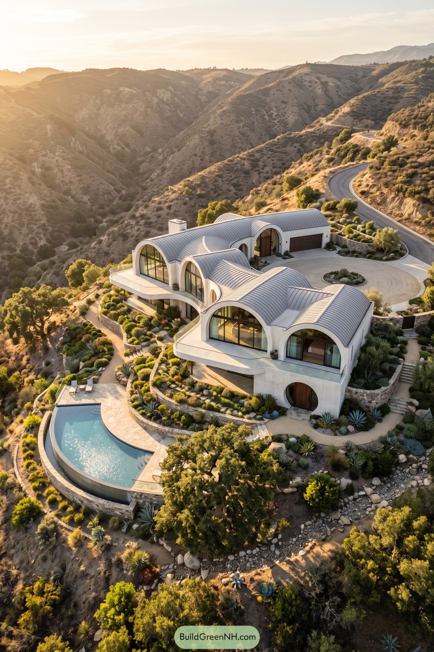 Hillside villa with undulating arched roofs and infinity pool