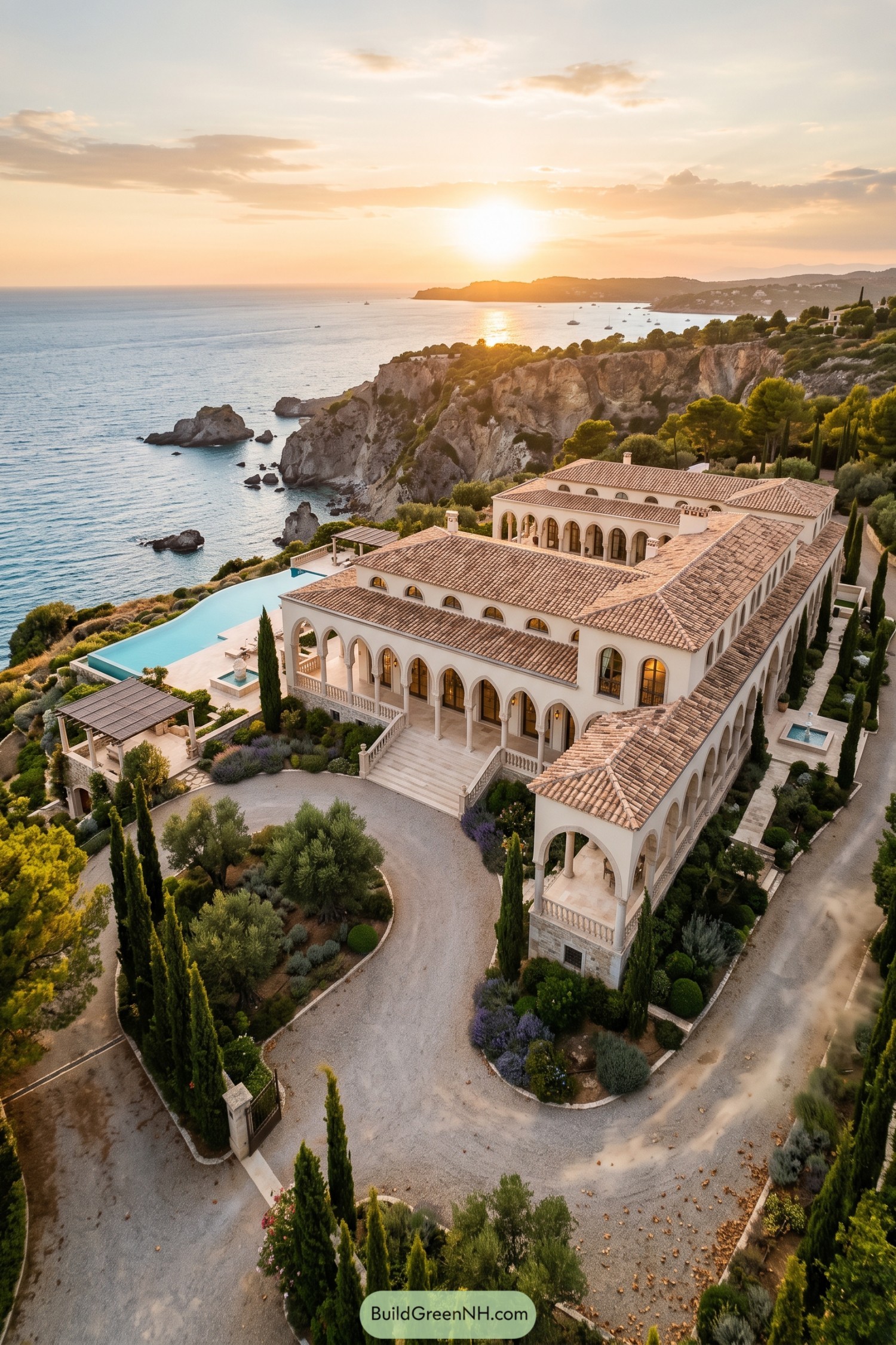 Mediterranean villa with arched colonnades overlooking the sea