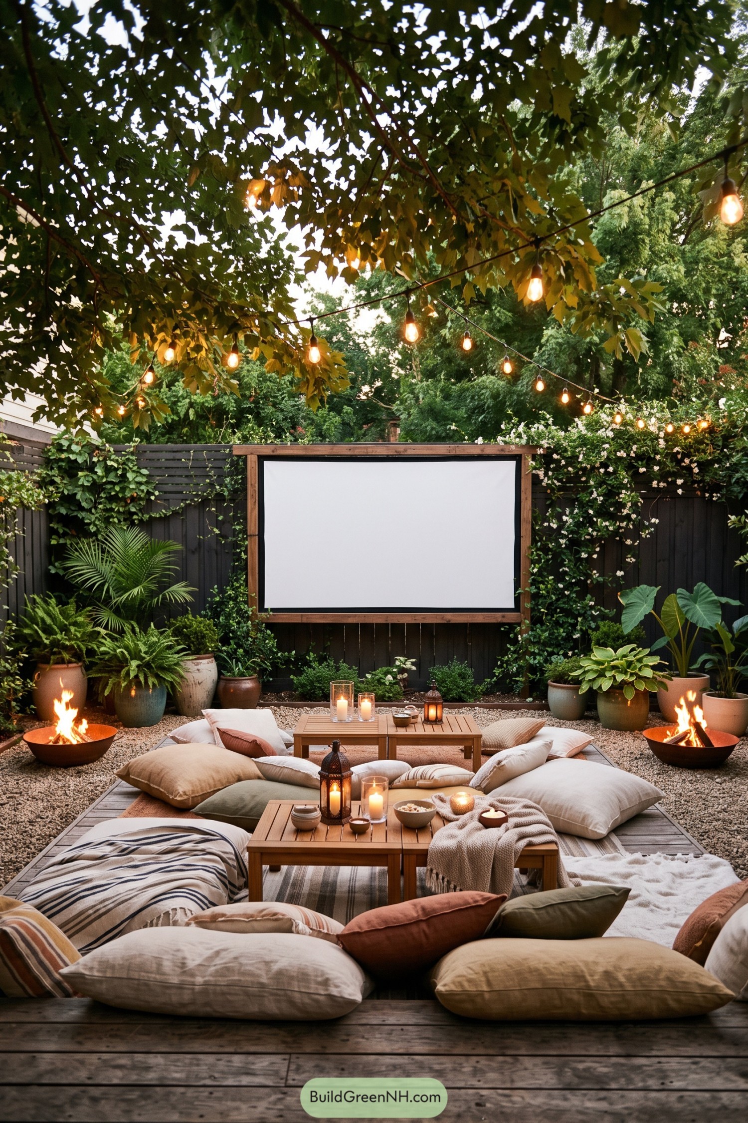 Outdoor movie screen framed by plants with fire bowls and floor cushions