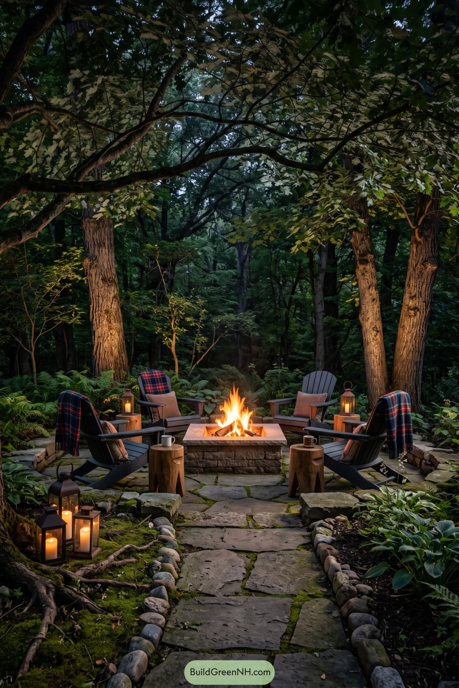 Stone fire pit with Adirondack chairs beneath mature trees