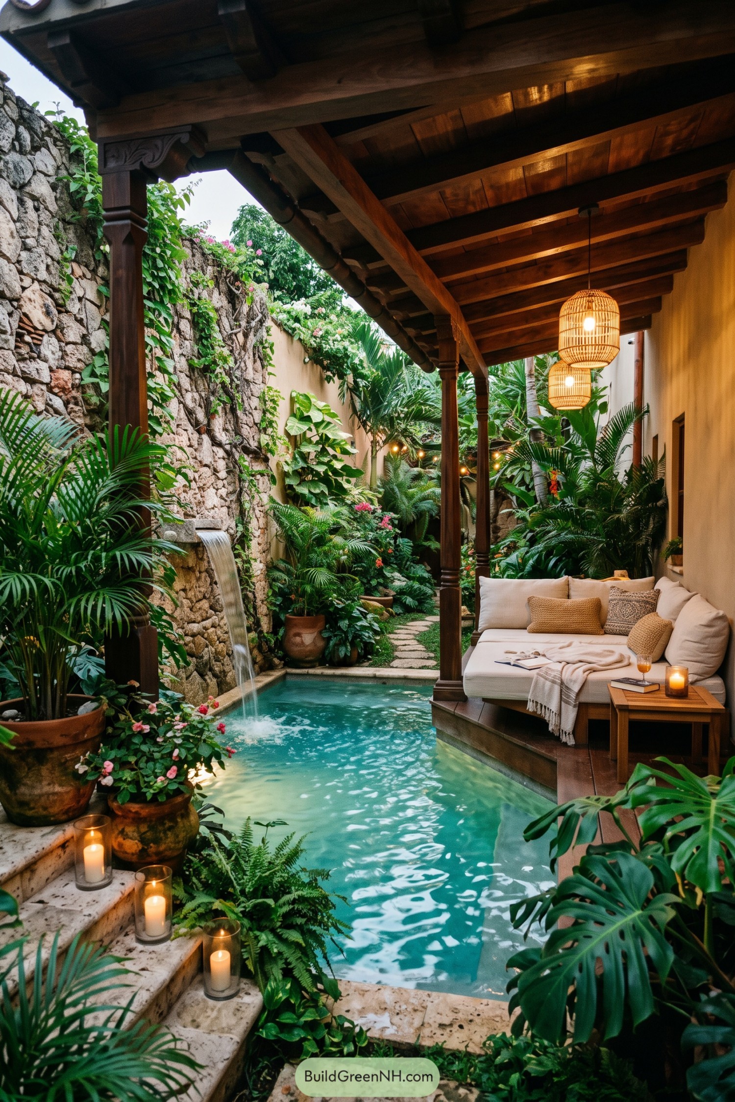 Lush courtyard pool with stone waterfall and covered daybed