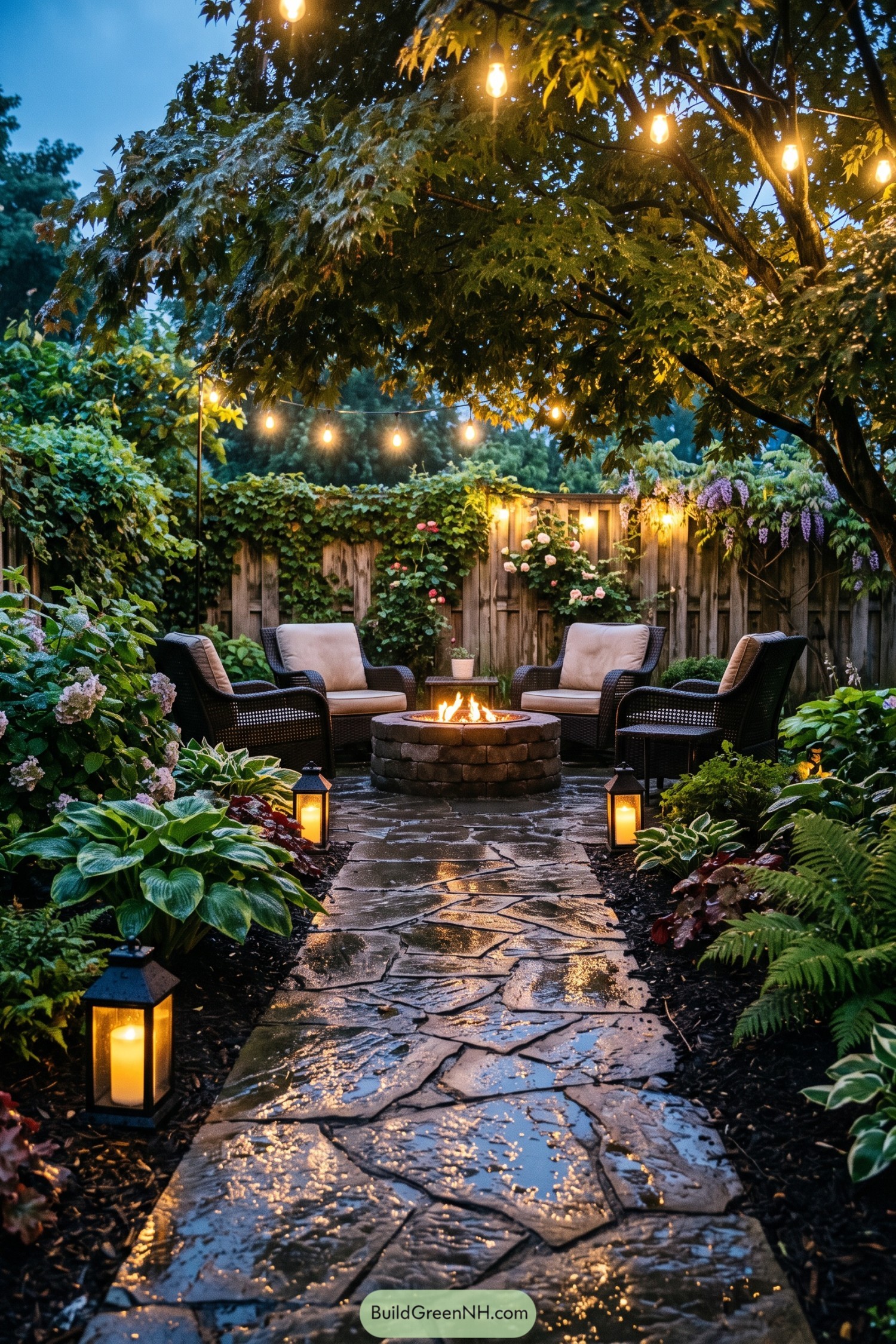 Rainy garden patio with lanterns fire pit and lounge chairs