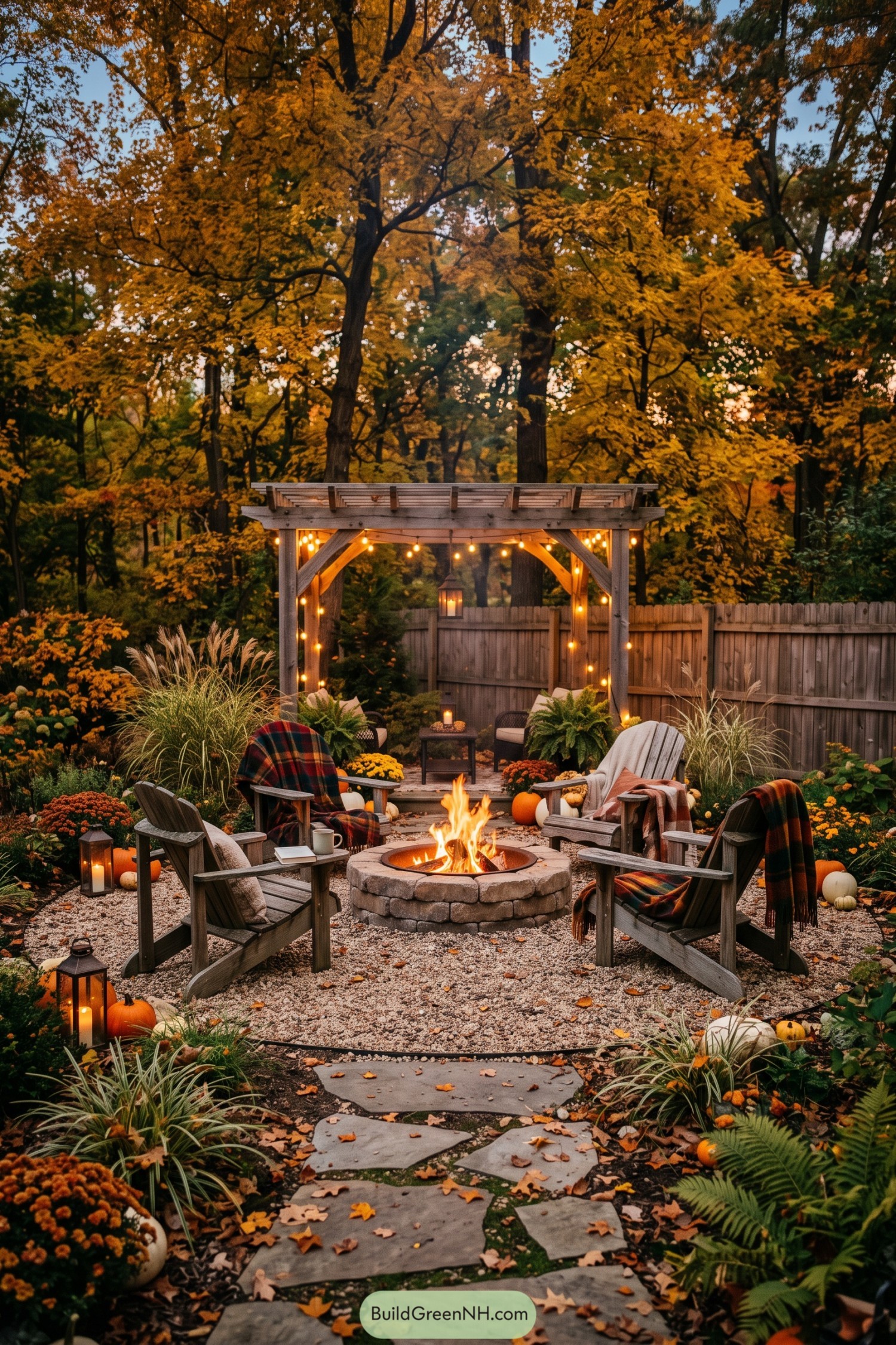 Stone fire pit beneath a string-lit timber arbor in an autumn garden