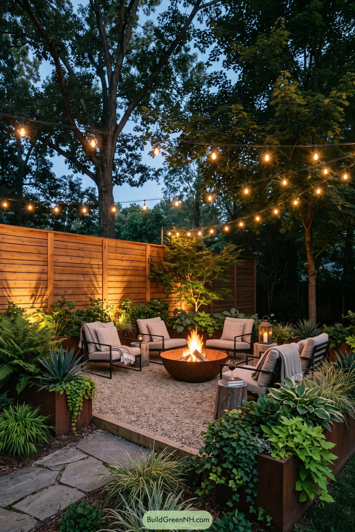 Cozy gravel fire lounge beneath string lights and trees