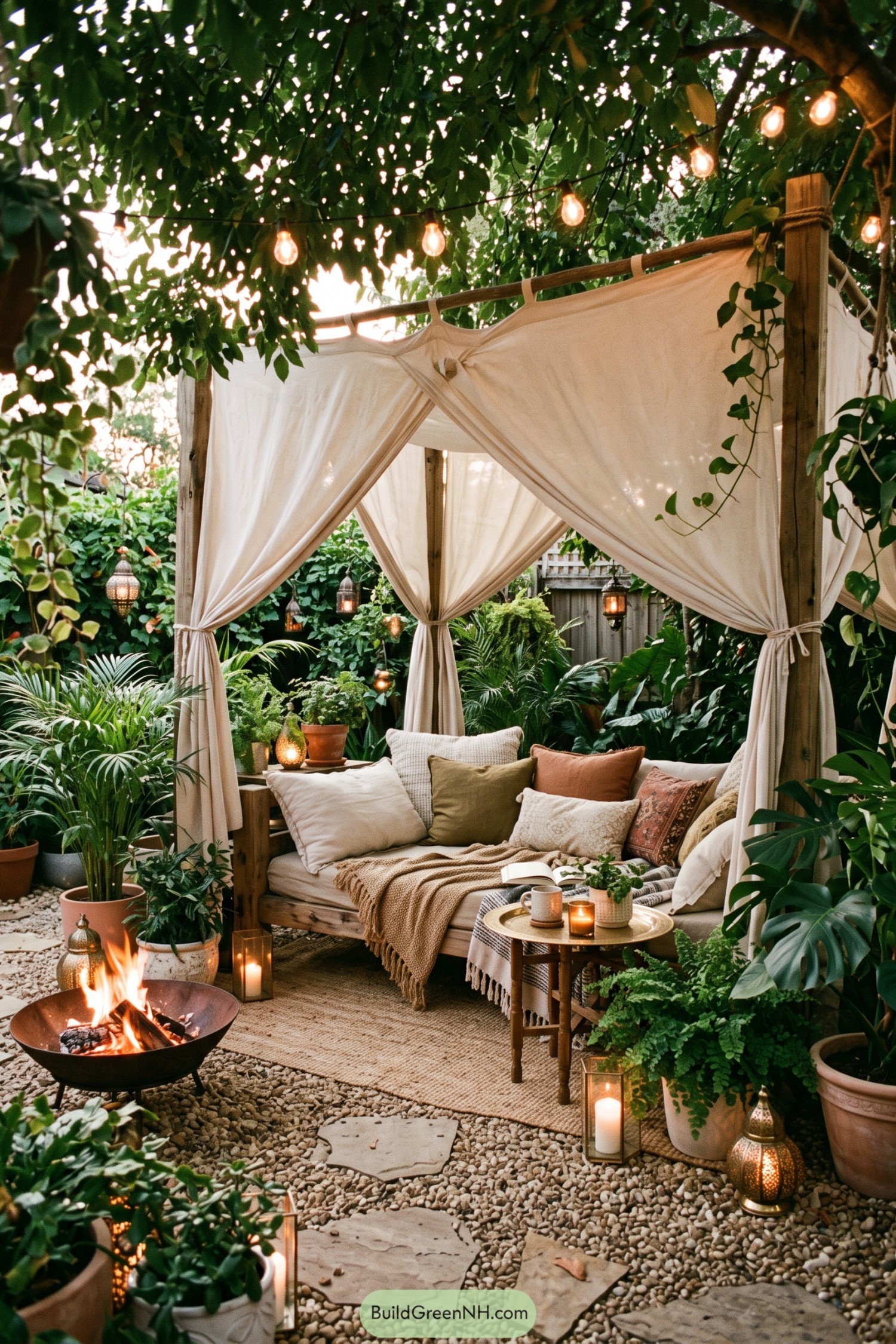 Curtained wooden cabana with fire bowl and garden lights