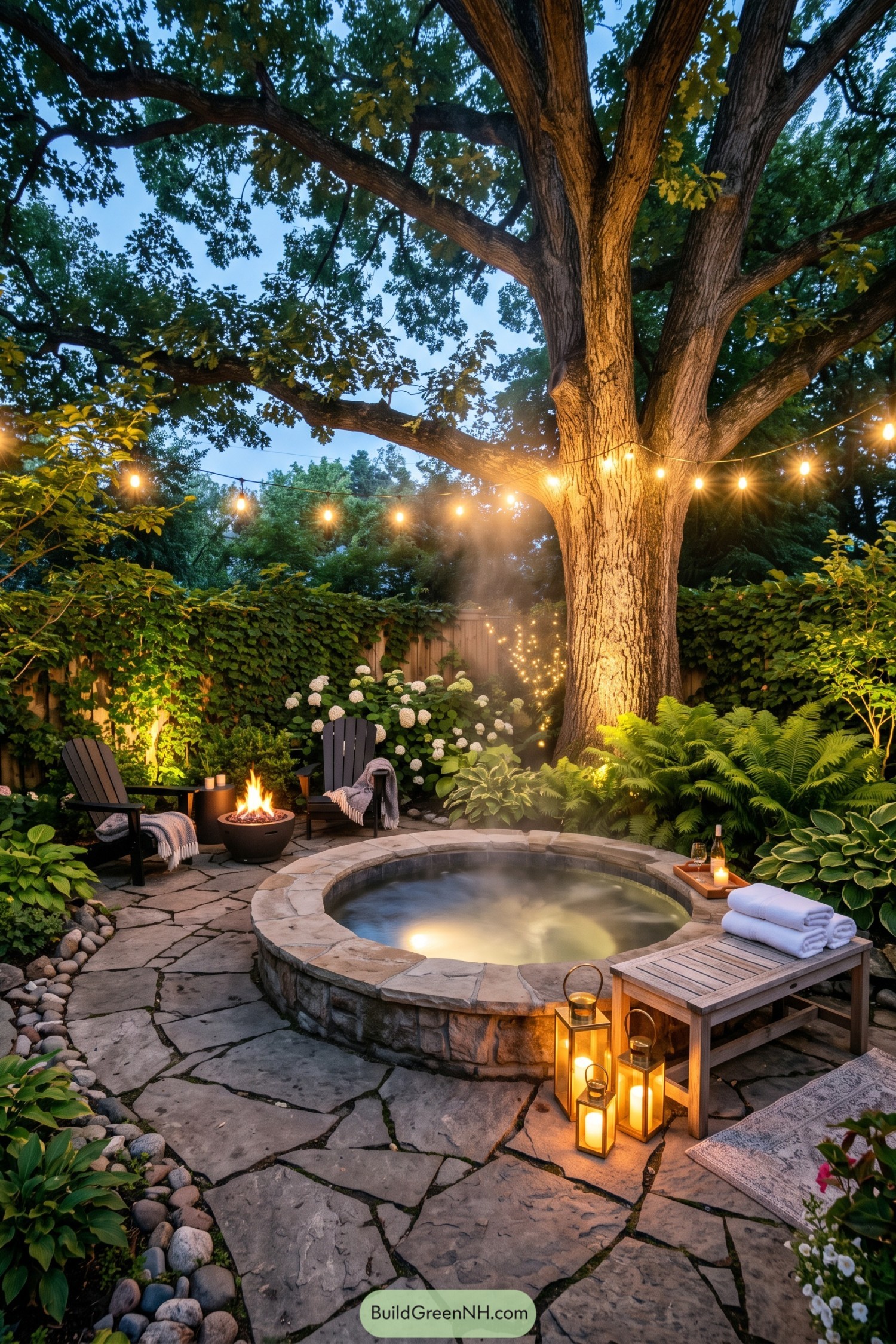 Stone hot tub beneath a mature oak with string lights and a fire bowl