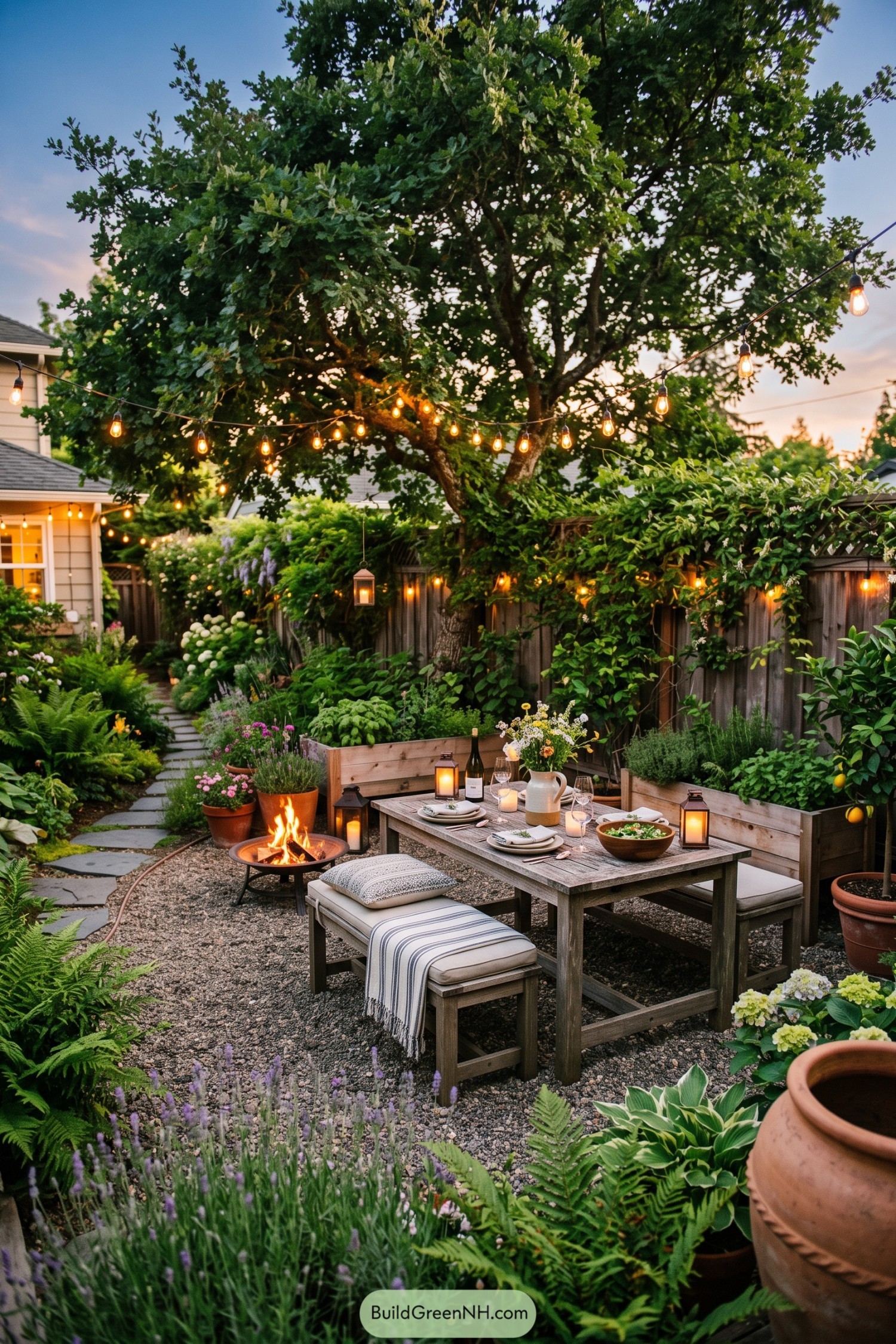 Garden dining table beneath a mature oak with string lights and a fire bowl