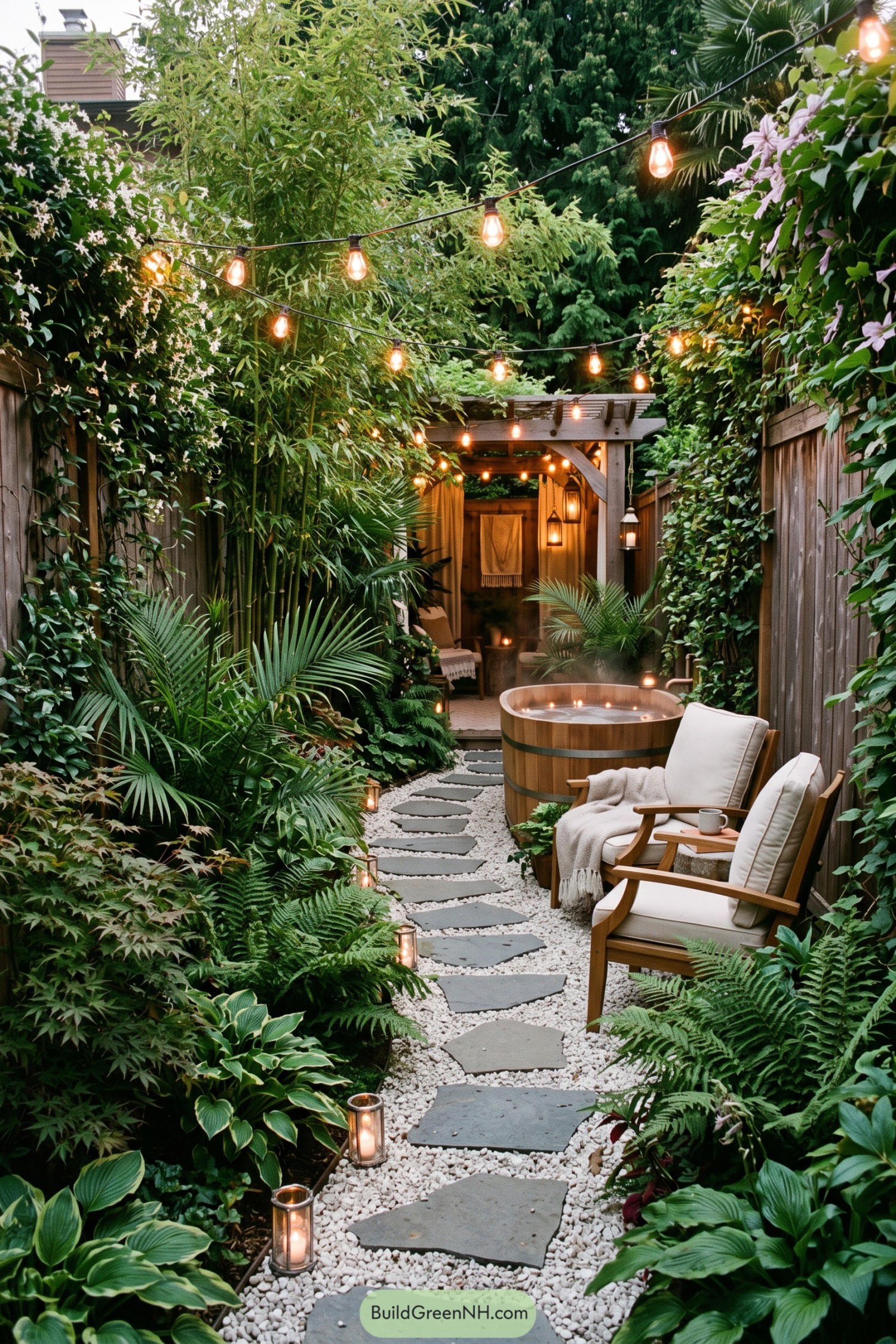 Lush narrow garden with a barrel bath and glowing string bulbs