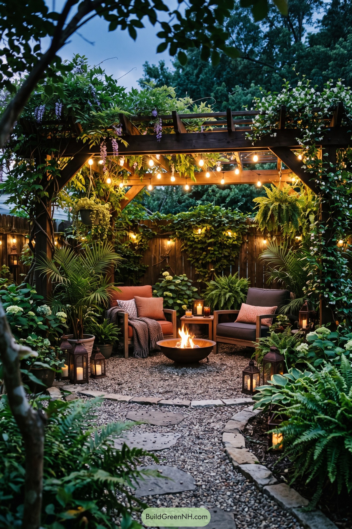 Vine-covered pergola shelters a lantern-lit fire pit seating area