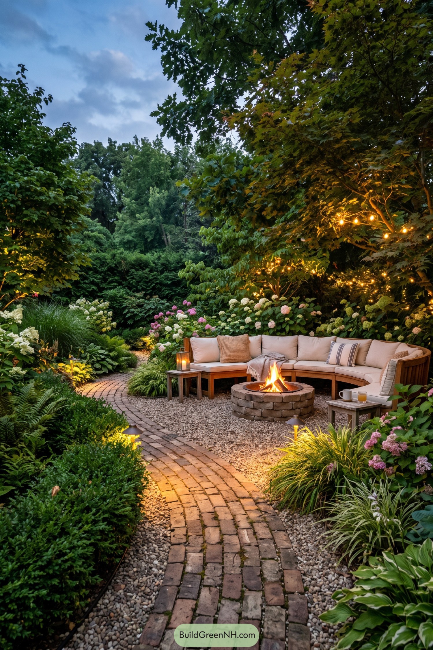 Curved outdoor sofa around a stone fire bowl amid hydrangeas and trees