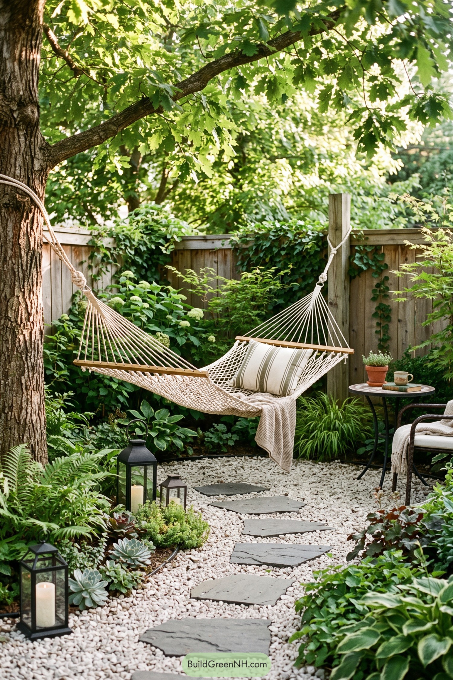 Hammock garden nook with stone path and lanterns