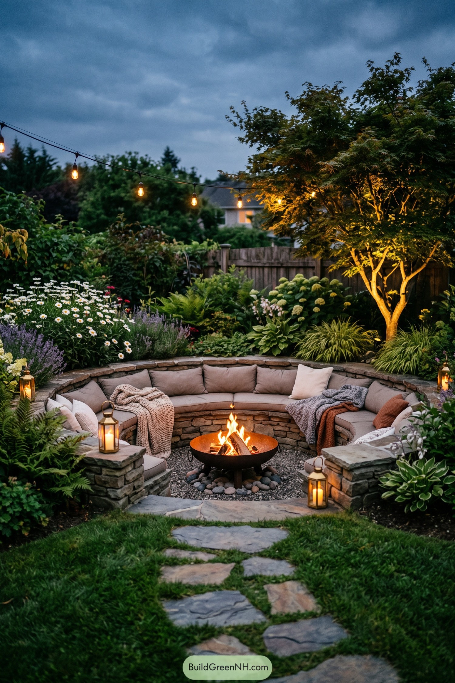 Curved stone seating surrounds a glowing fire bowl beneath garden lights