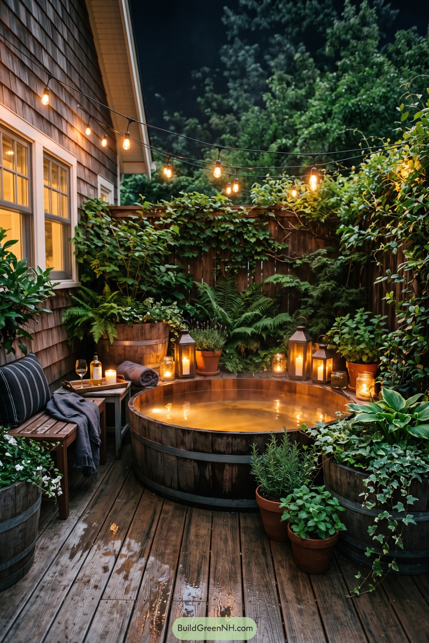 Wood-fired barrel bath on a leafy deck with string lights