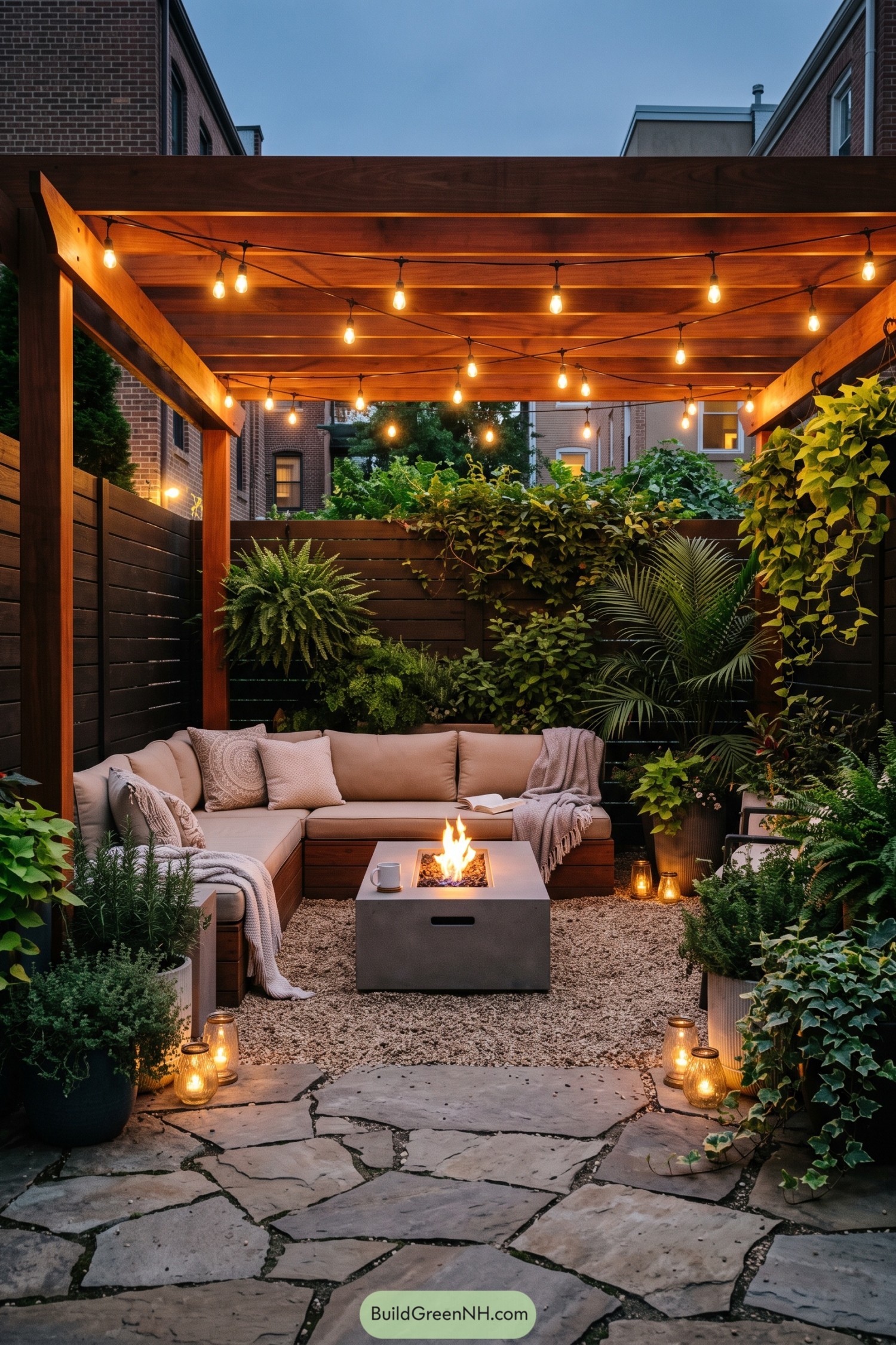 Wood pergola lounge with fire table and lush planters