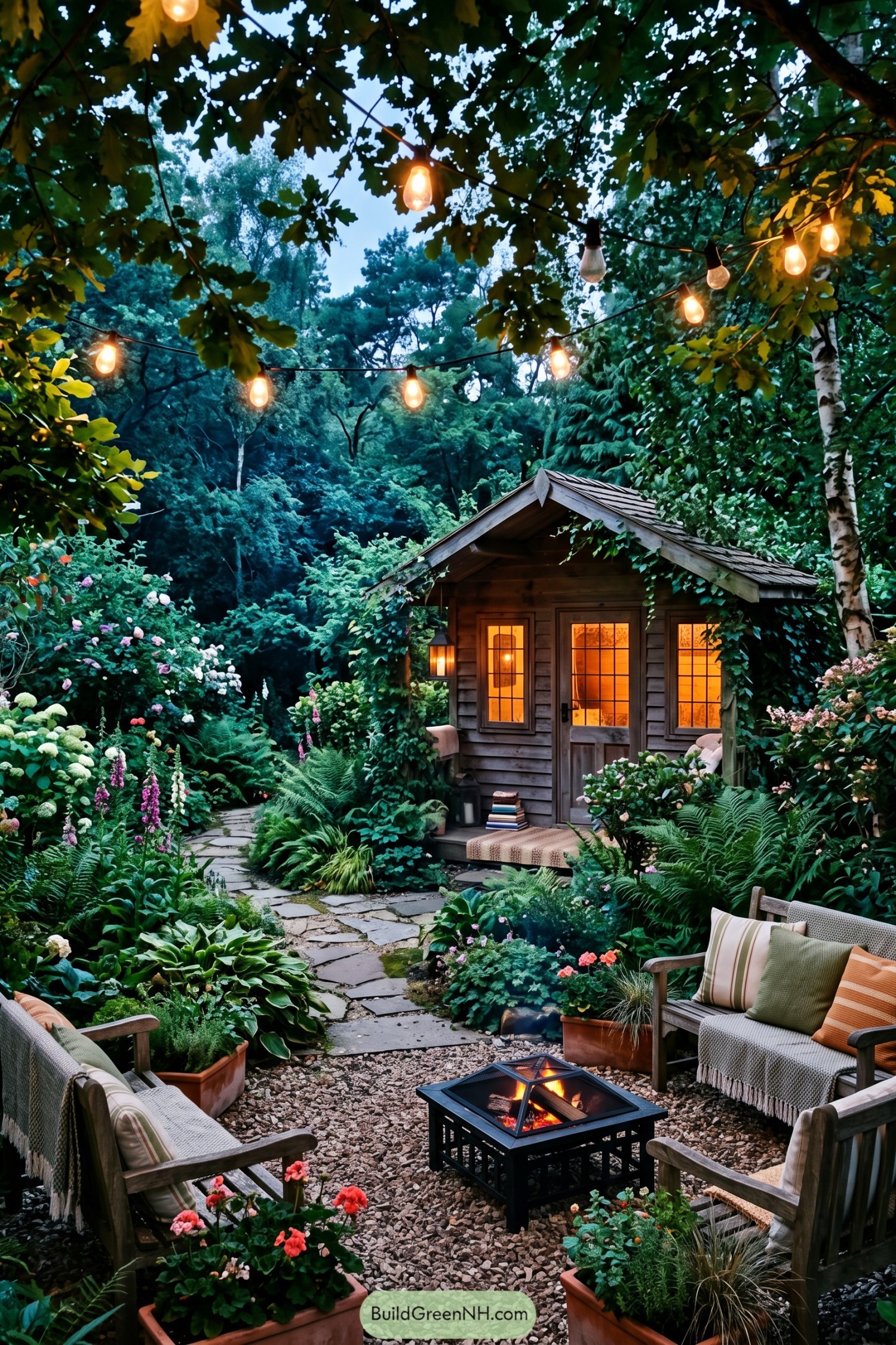 Cozy garden cabin with fire lounge and string lights
