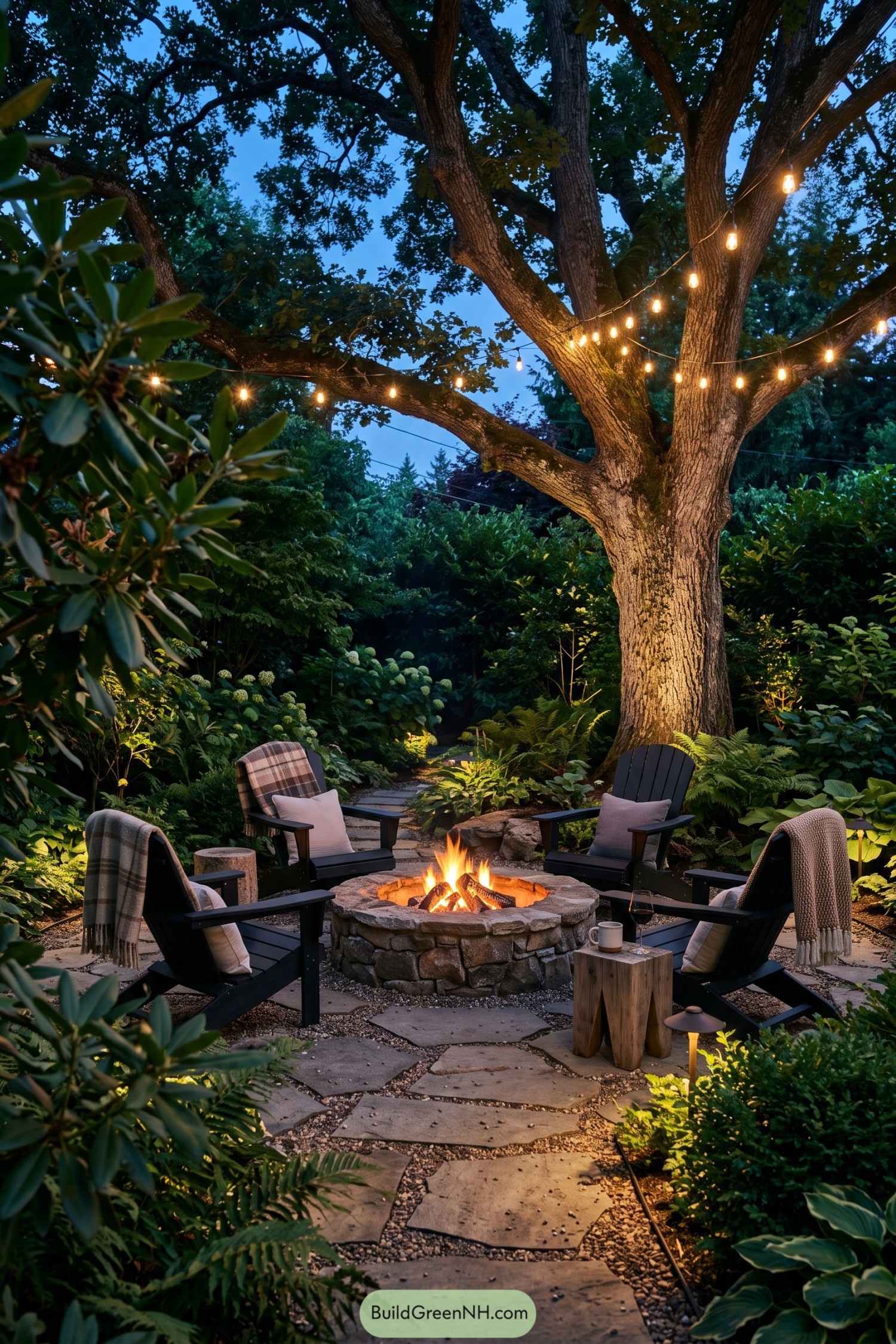 Stone fire pit with Adirondack chairs beneath a mature tree and string lights