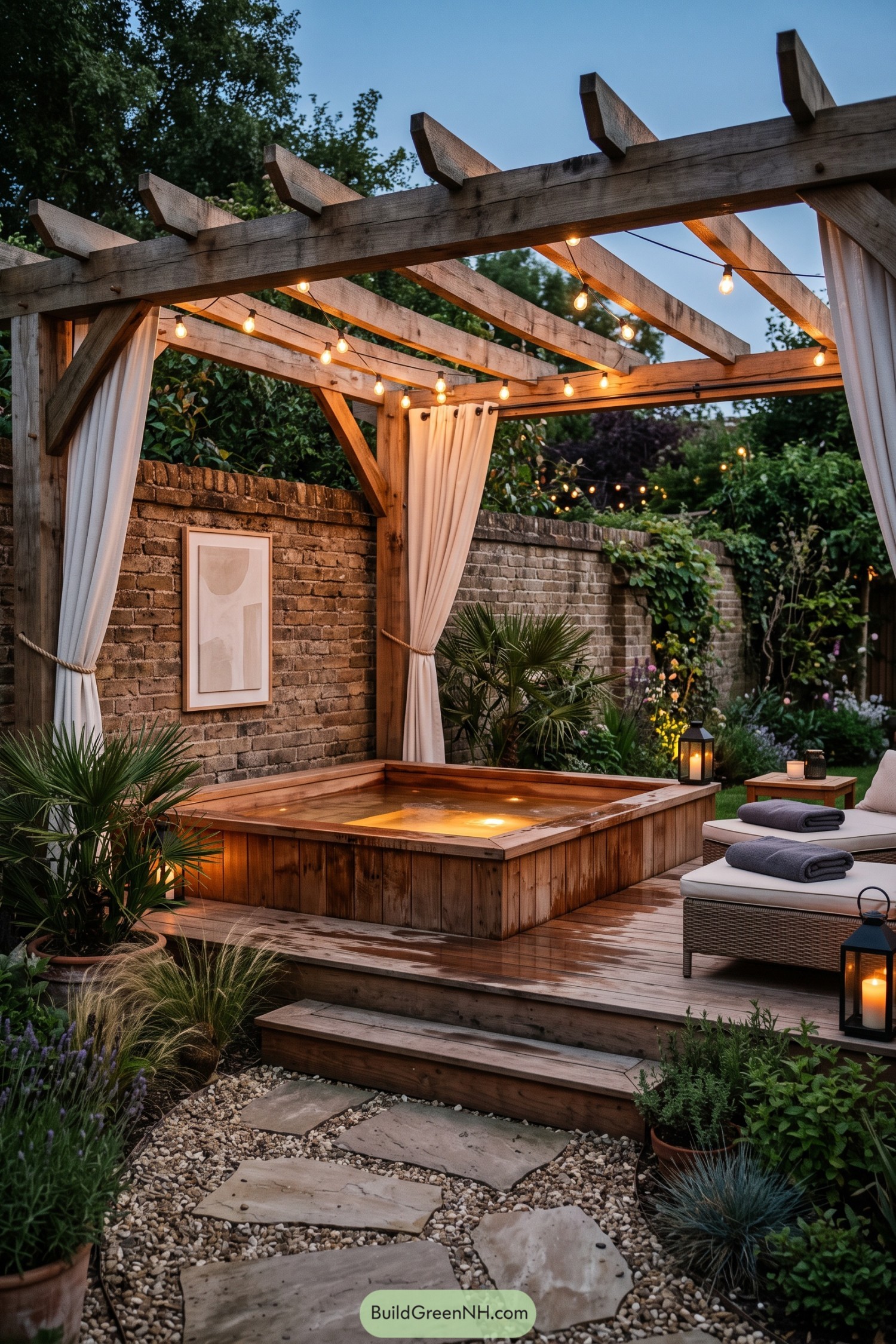 Wooden backyard spa beneath a curtained pergola with string lights