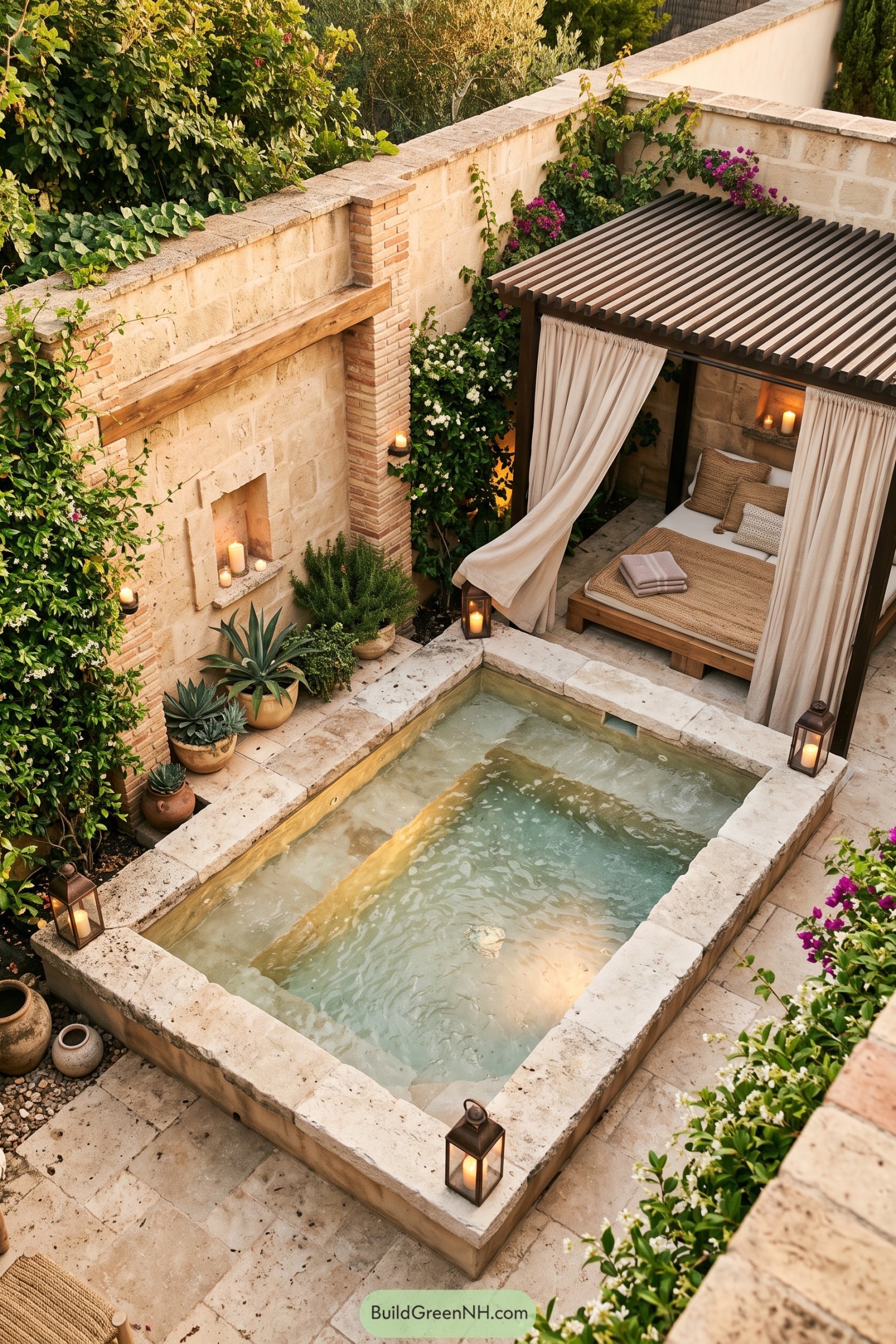 Limestone spa with curtained cabana and climbing flowers