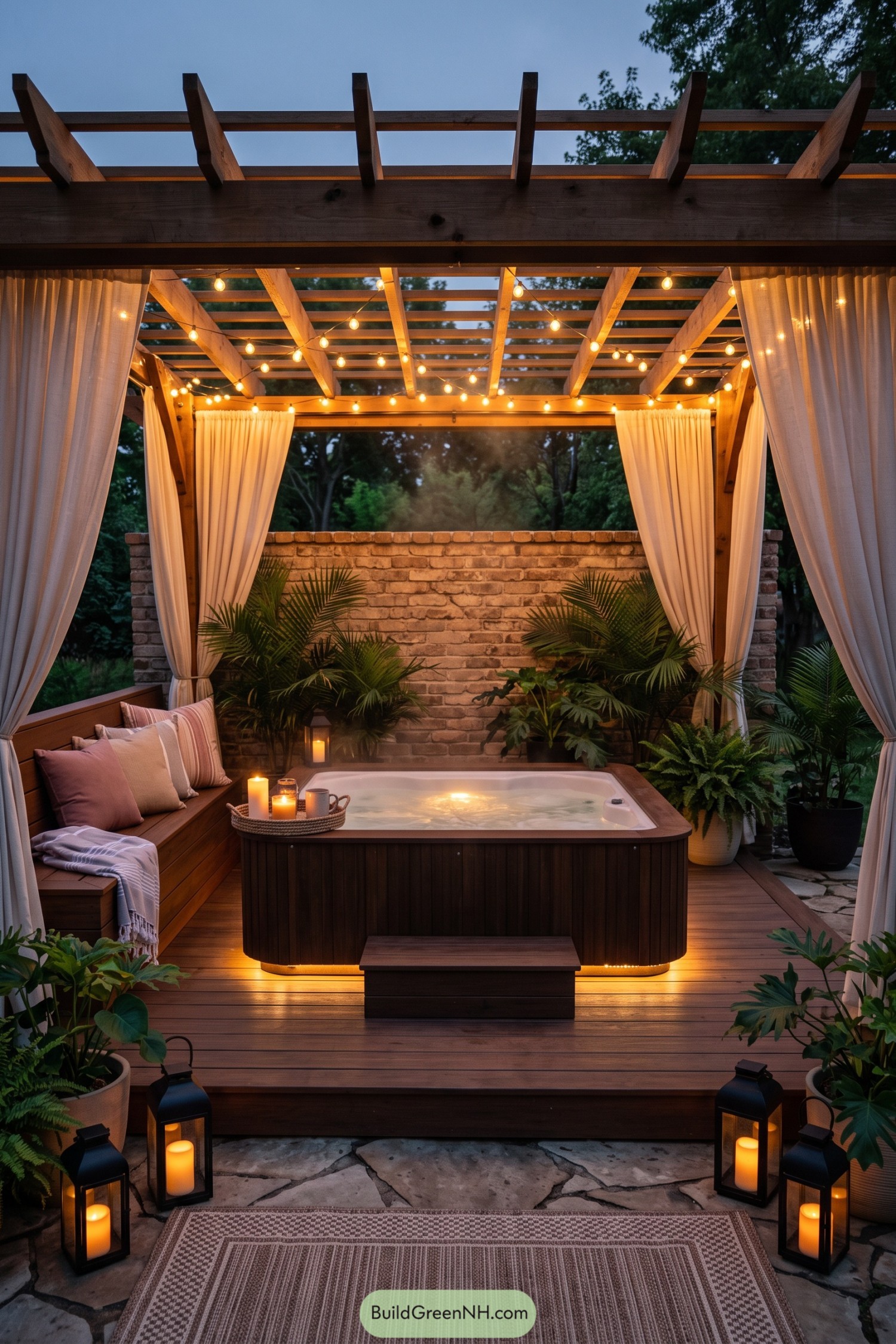 Wooden pergola spa with curtains candles and tropical plants