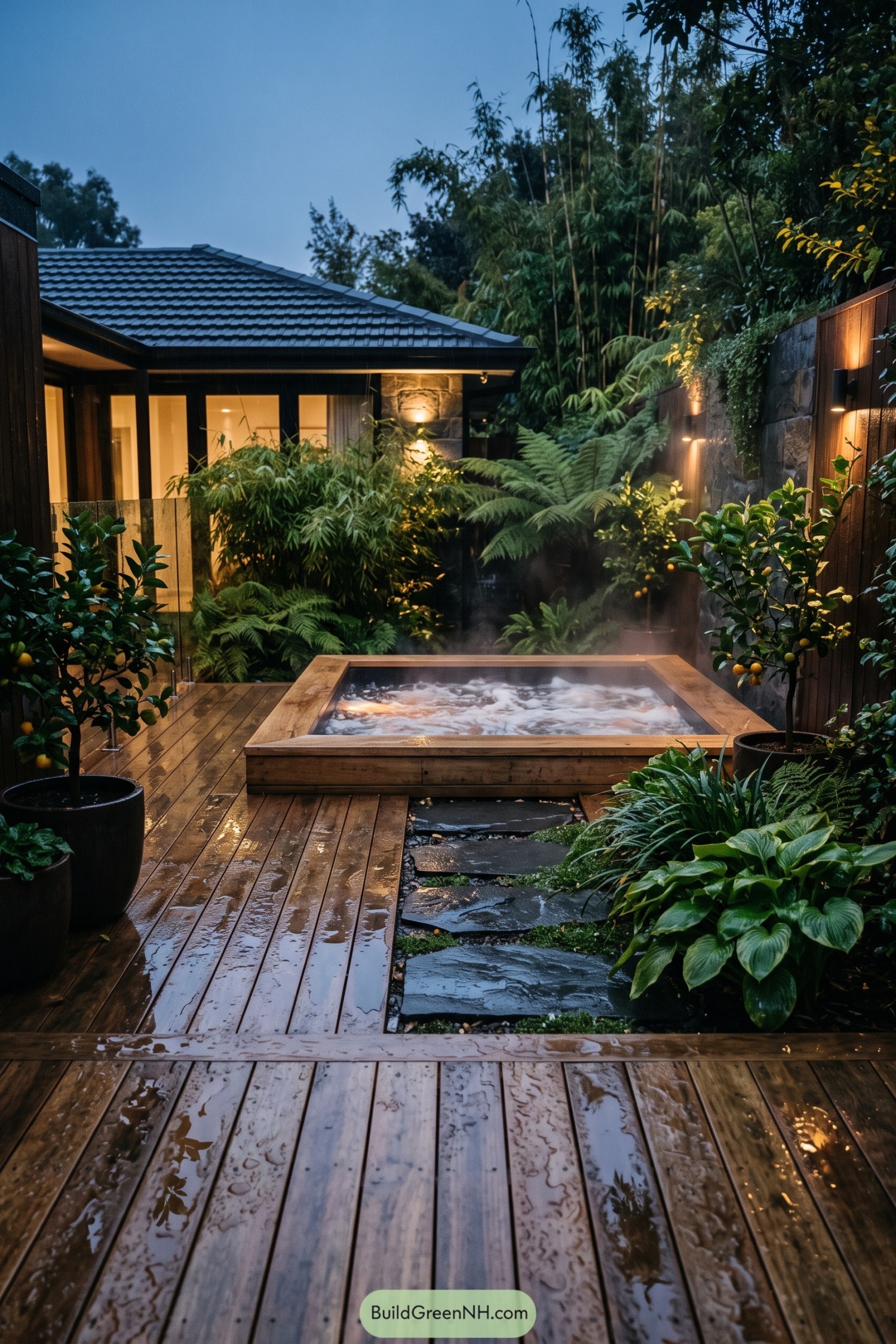 Wooden hot tub amid ferns citrus trees and wet decking