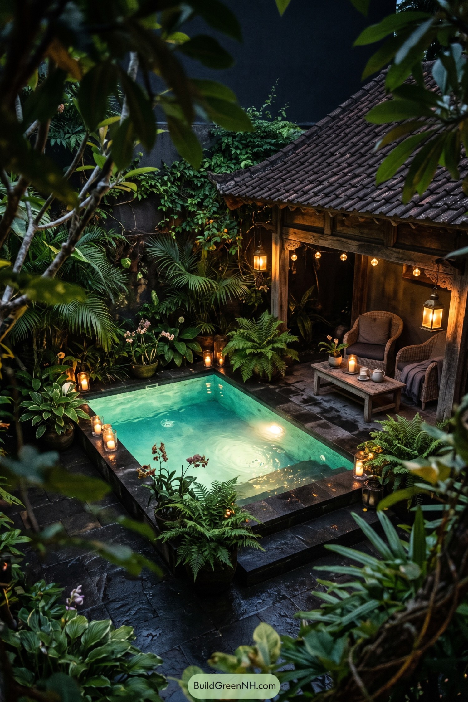 Candlelit plunge pool beside a timber garden pavilion
