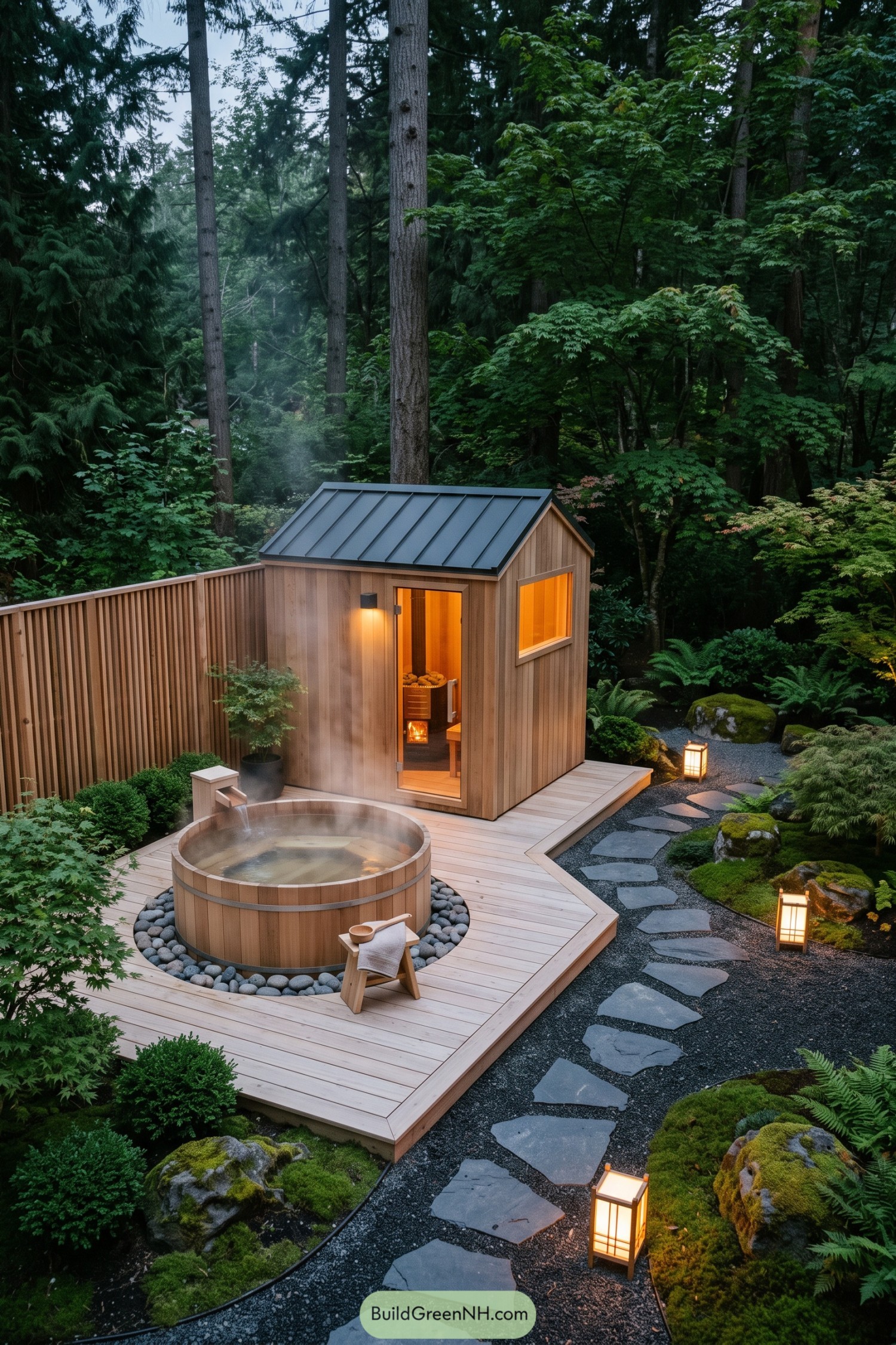 Wood-fired cedar sauna and soaking tub in a forest garden