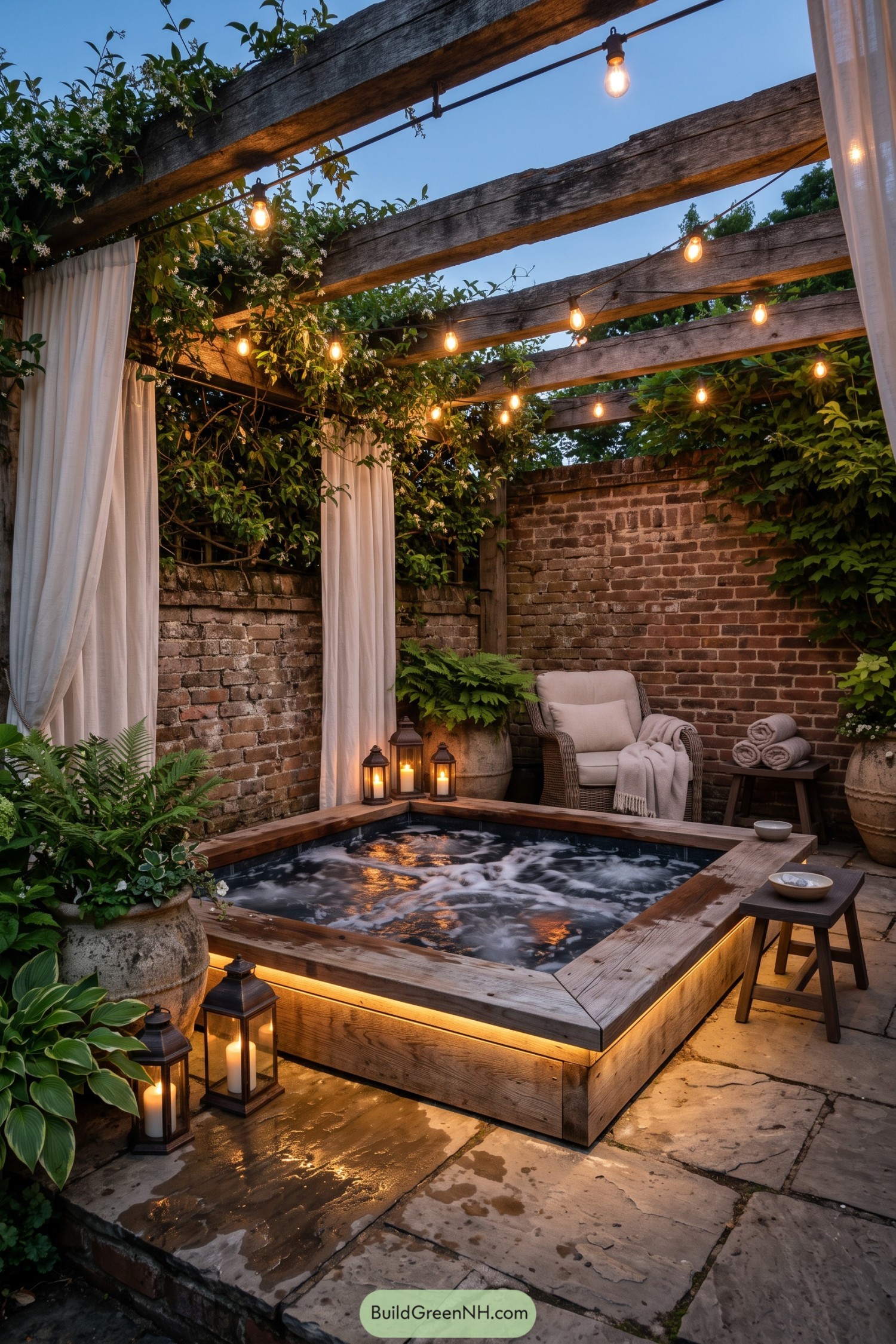 Wood-framed whirlpool beneath vine-covered pergola and string lights