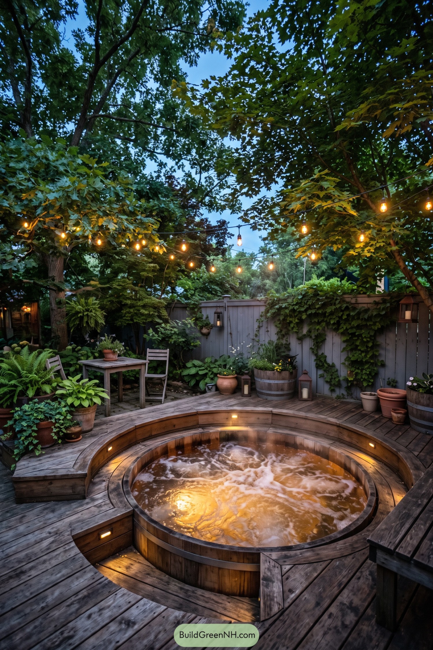 Round cedar spa glowing beneath string bulbs and mature trees
