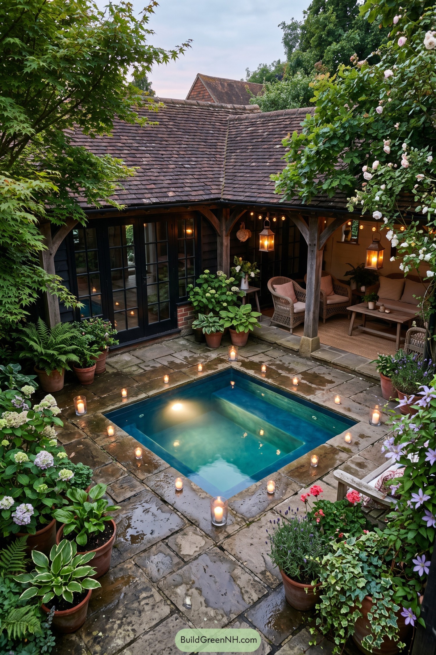 Candlelit square plunge pool beside a timber cottage porch