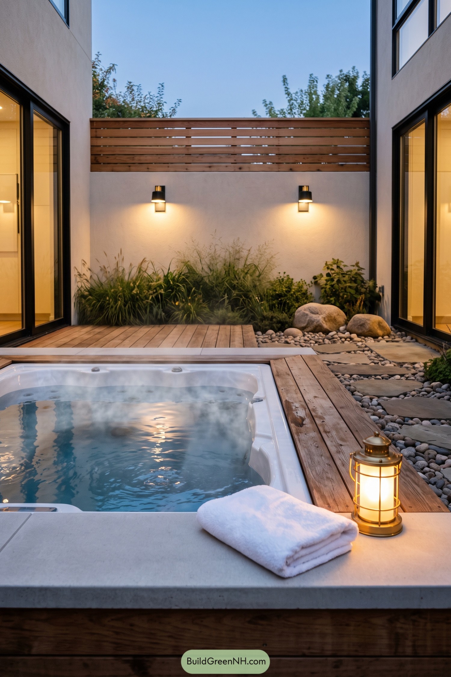 Compact hot tub framed by cedar decking and a pebble garden