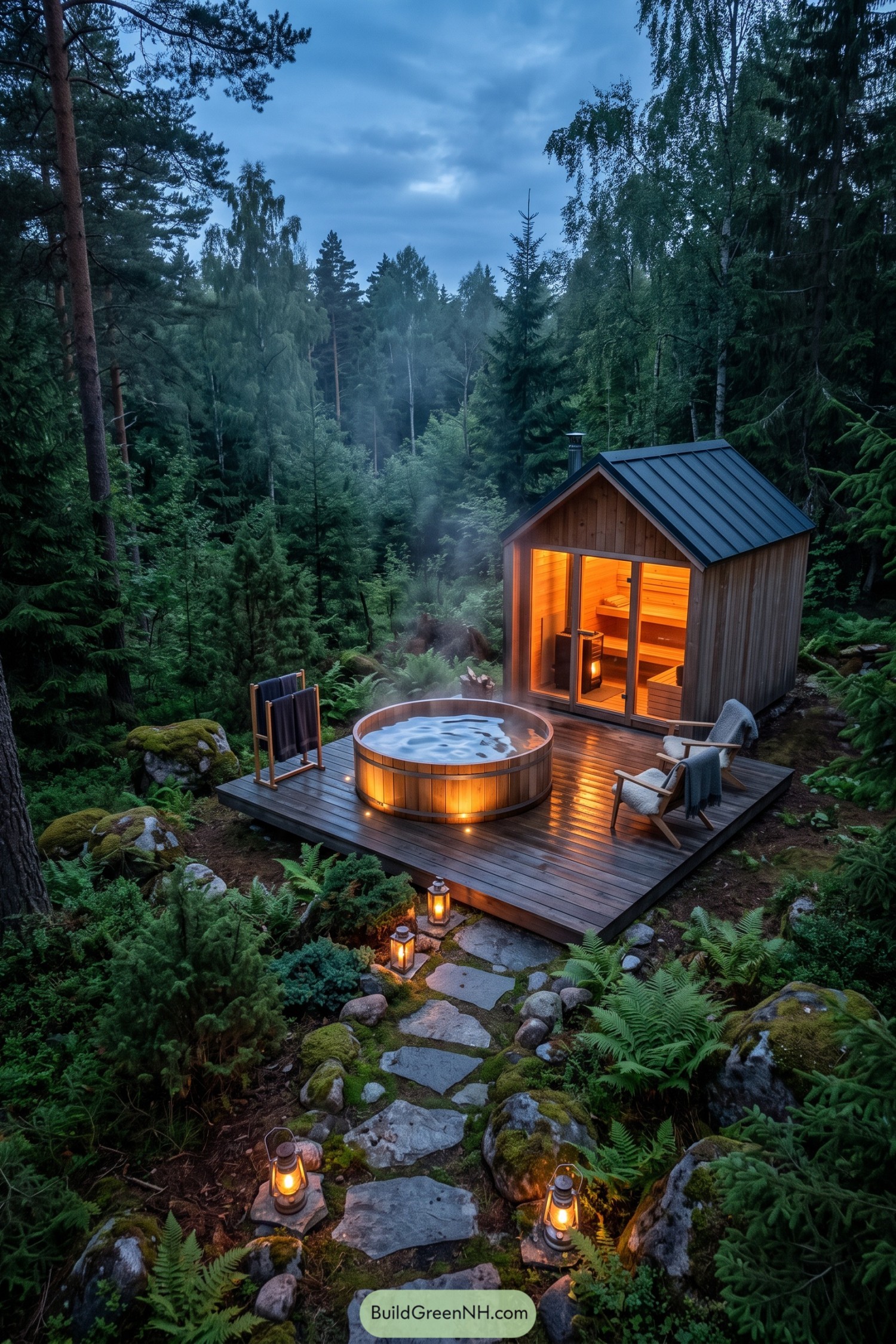 Round cedar hot tub beside a glowing forest sauna
