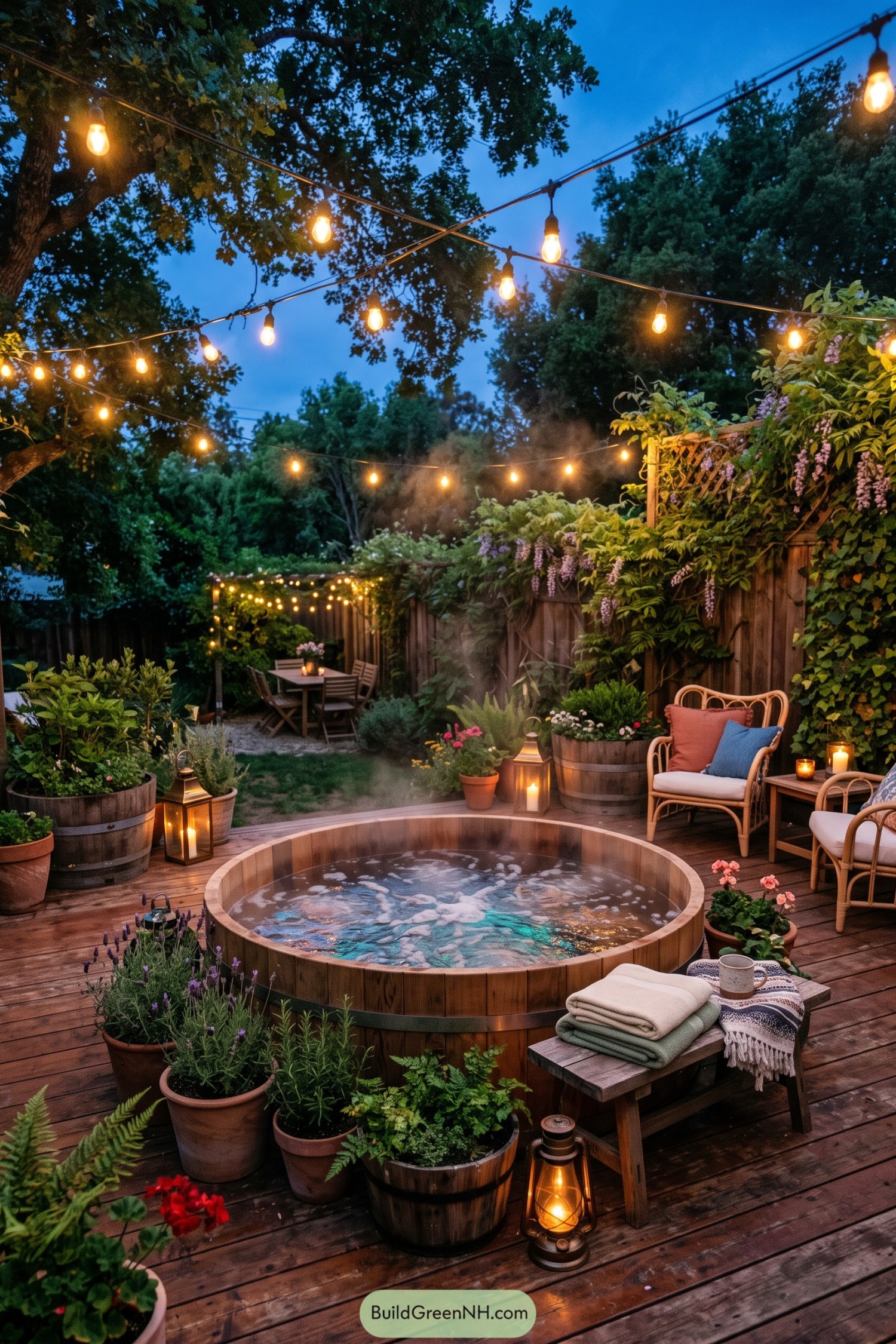 Round wooden hot tub on a flower-filled deck beneath string lights