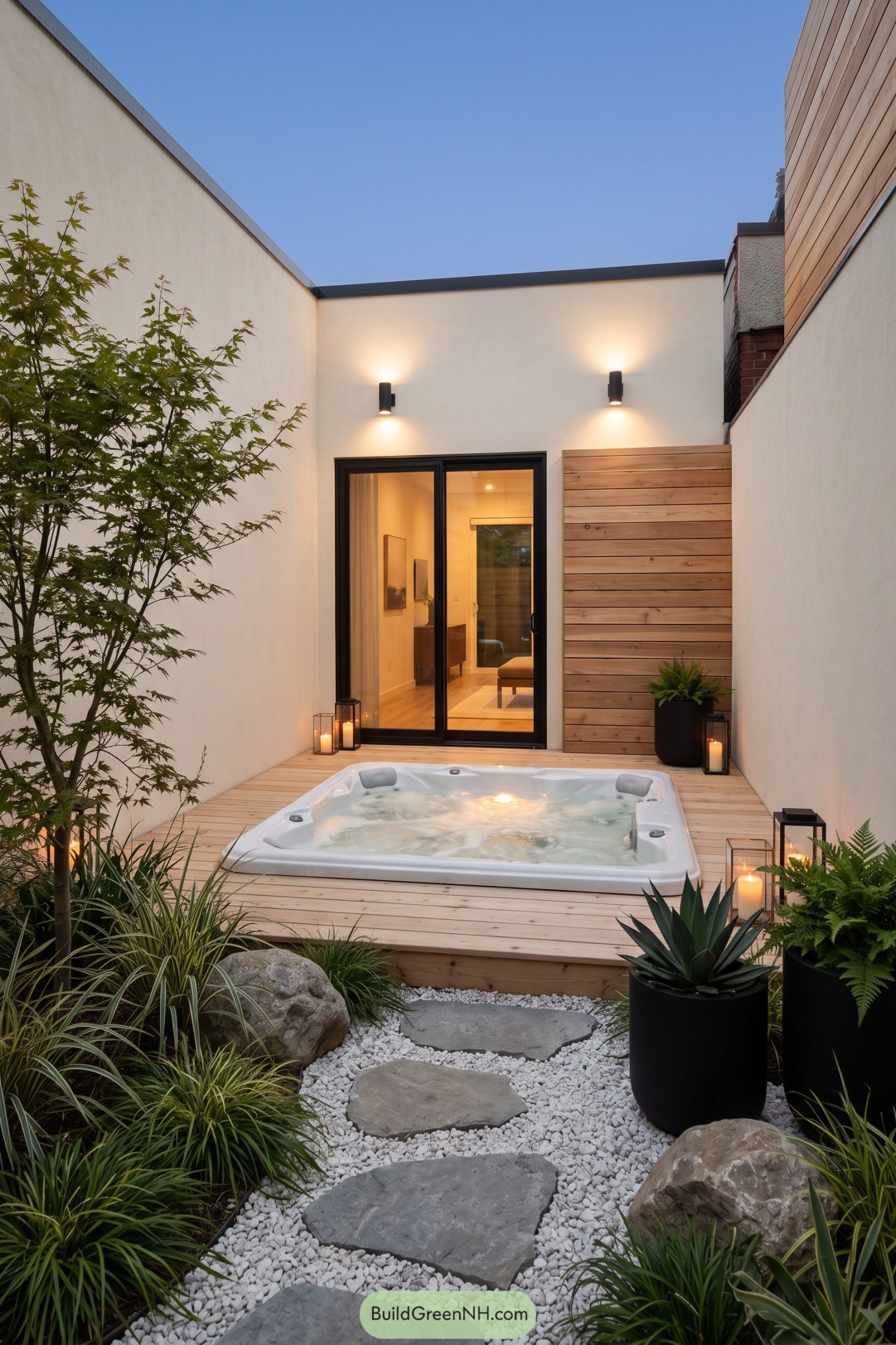Modern courtyard hot tub with stone path and greenery