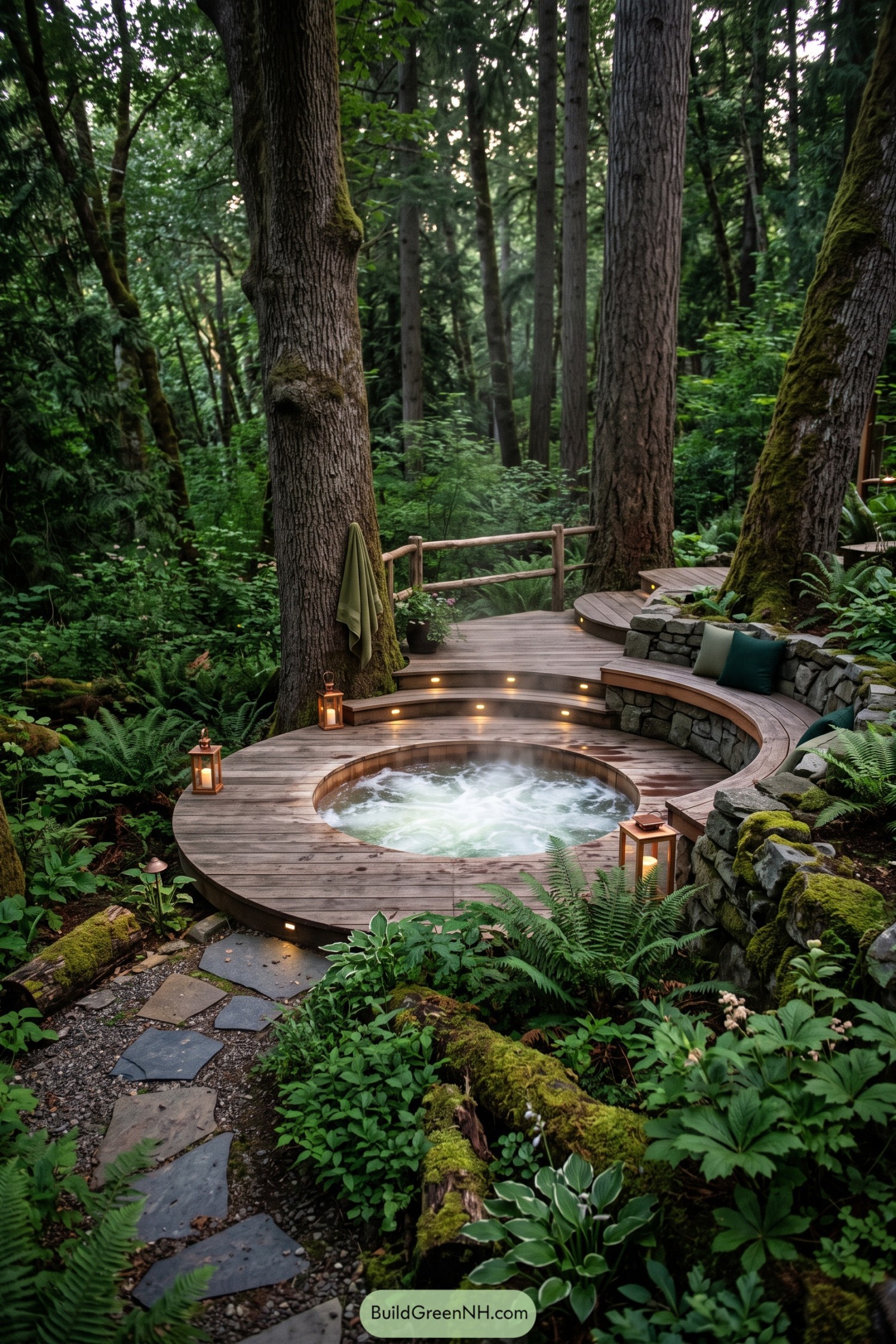 Round hot tub on a timber deck among mossy forest trees