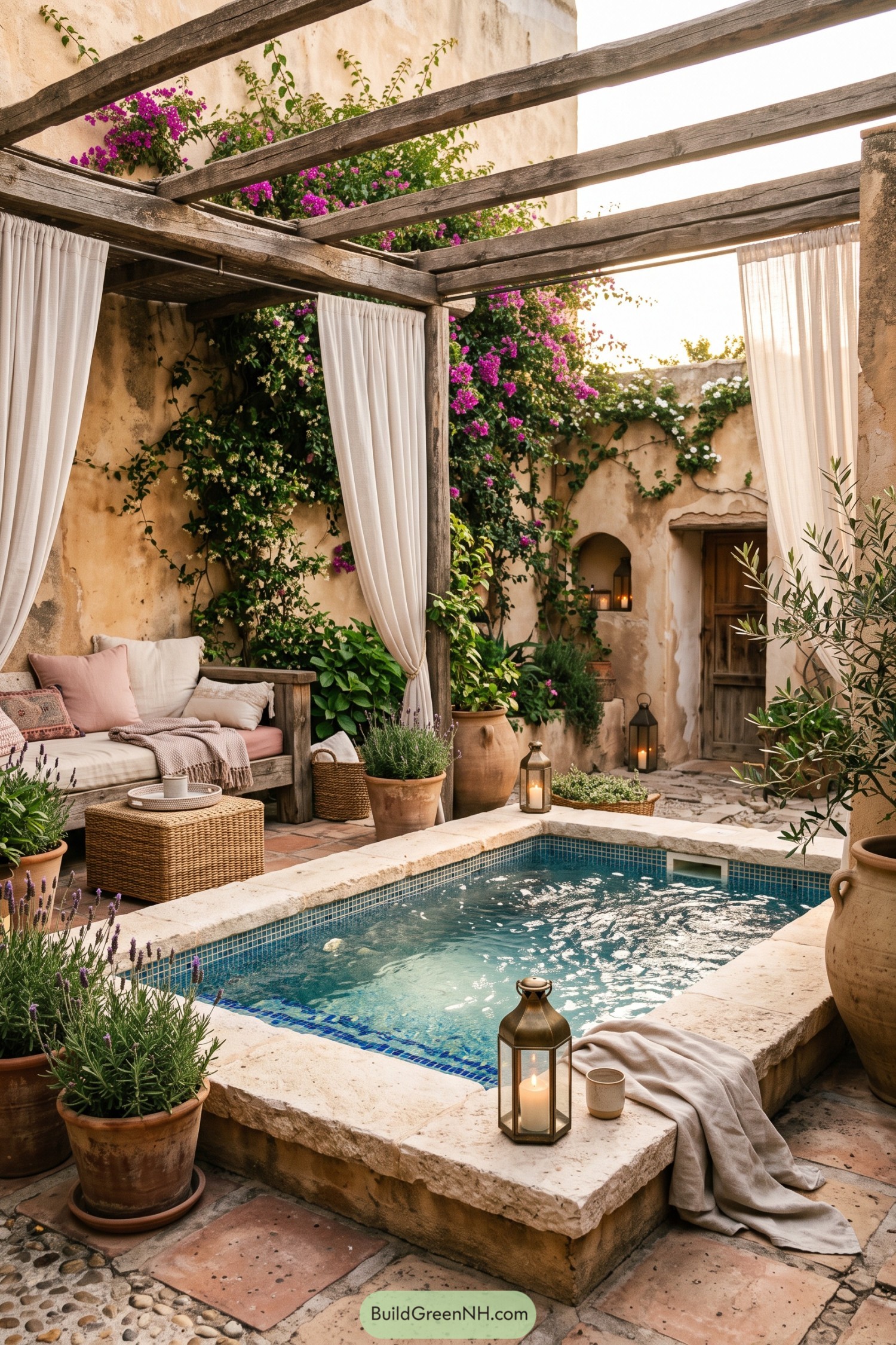 Stone-edged spa beneath a curtained timber pergola