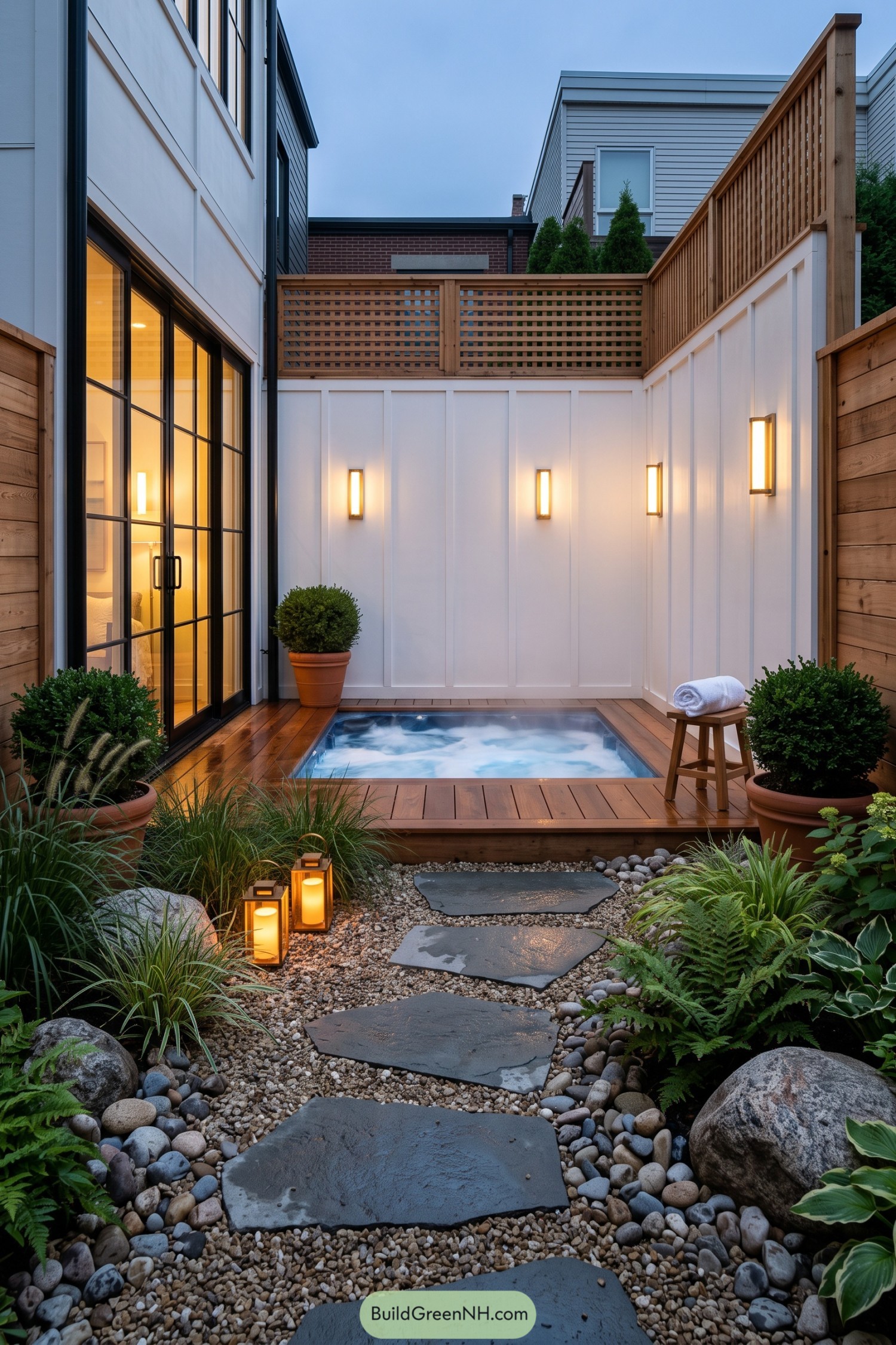 Compact hot tub beside a stone garden path